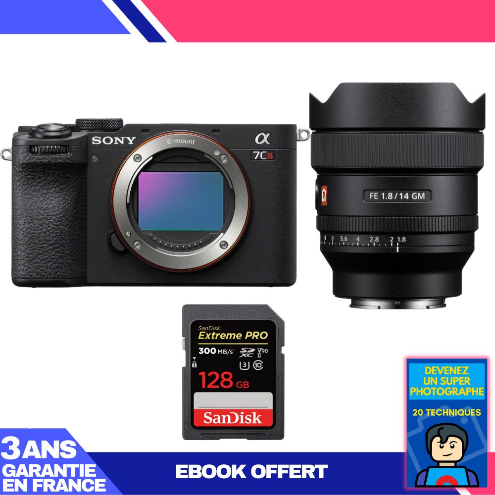 Sony A7CR Black Body + FE 14mm f/1.8 GM Lens + 1 SanDisk 128GB Extreme PRO UHS-II SDXC Card + 'Become a Super Photographer' Ebook