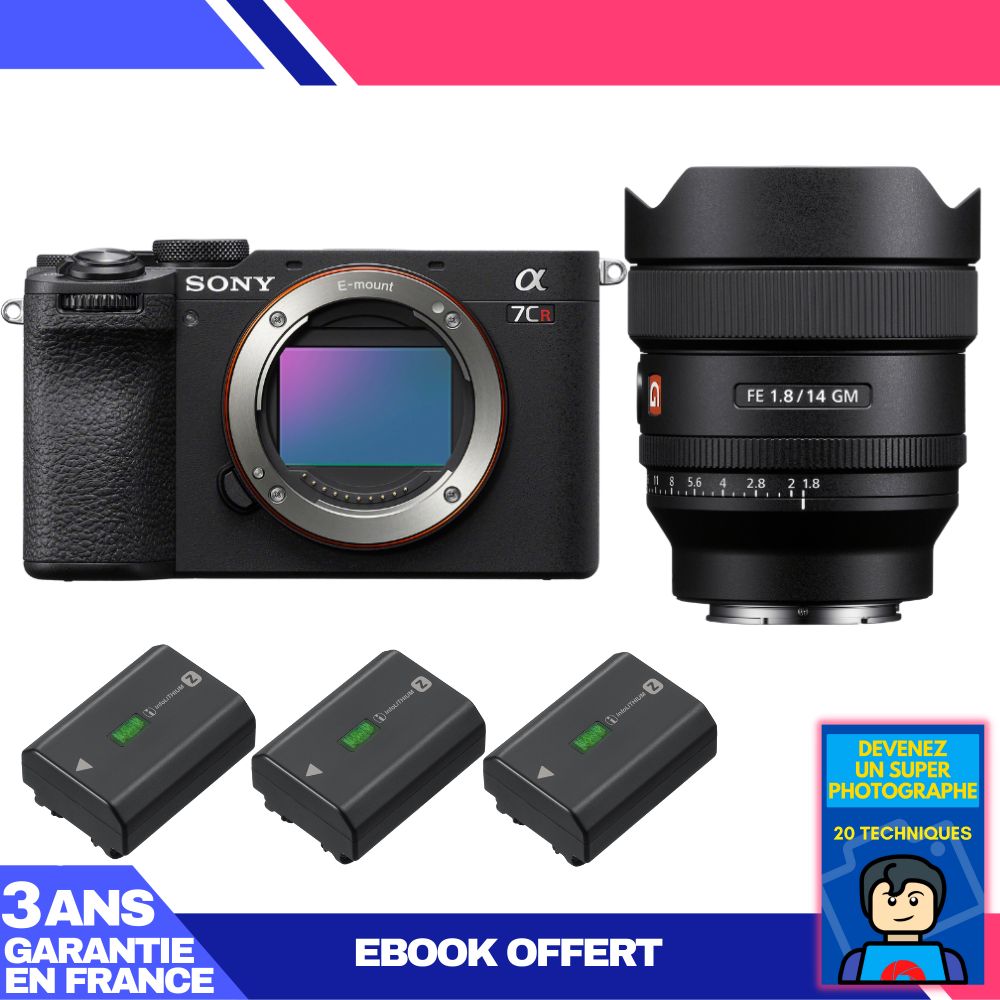 Boîtier Sony A7CR Noir + Objectif FE 14mm f/1.8 GM + 3 Batteries Sony NP-FZ100 + Ebook 'Devenez Un Super Photographe'