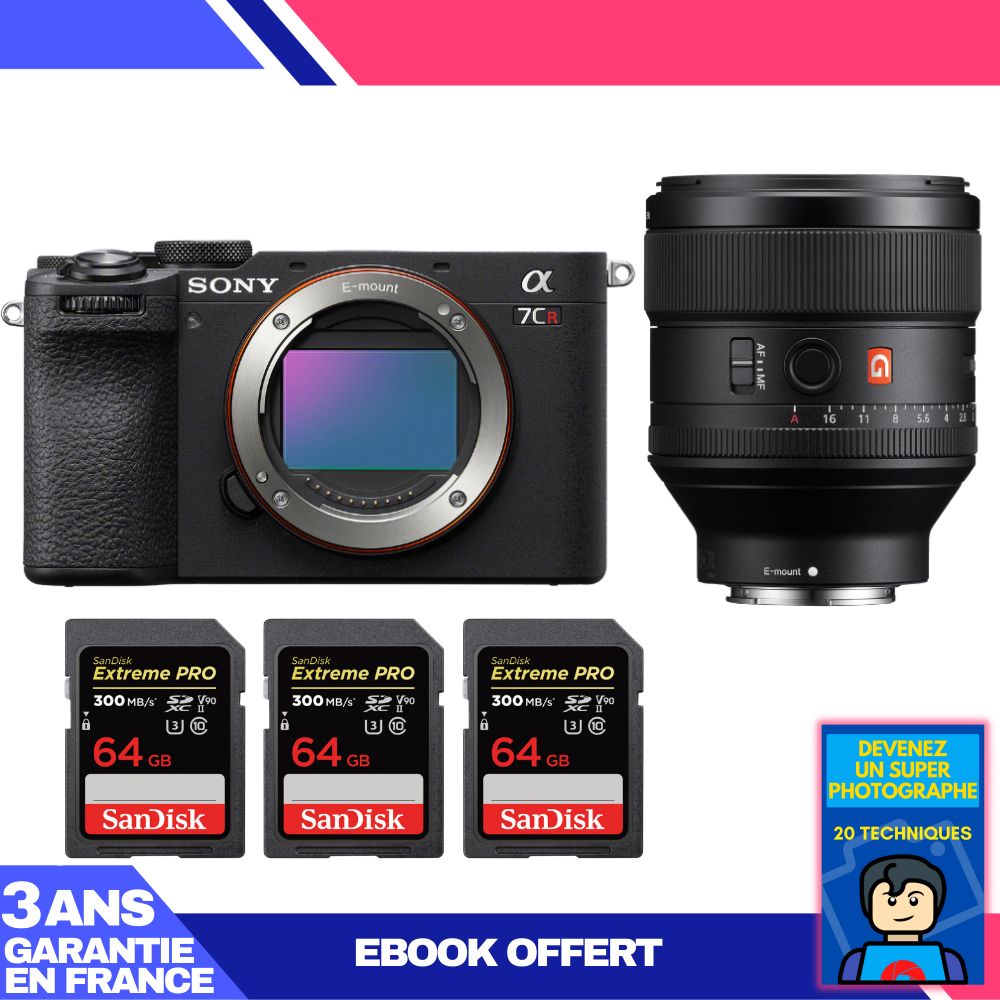 Sony A7CR Black Body + FE 85mm f/1.4 GM Lens + 3 SanDisk 64GB Extreme PRO UHS-II SDXC Cards + 'Become a Super Photographer' Ebook