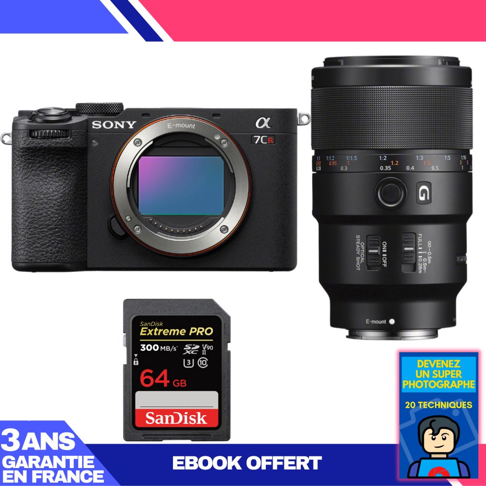 Sony A7CR Black Body + FE 90mm f/2.8 Macro G OSS Lens + 1 SanDisk 64GB Extreme PRO UHS-II SDXC Card + 'Become a Super Photographer' Ebook