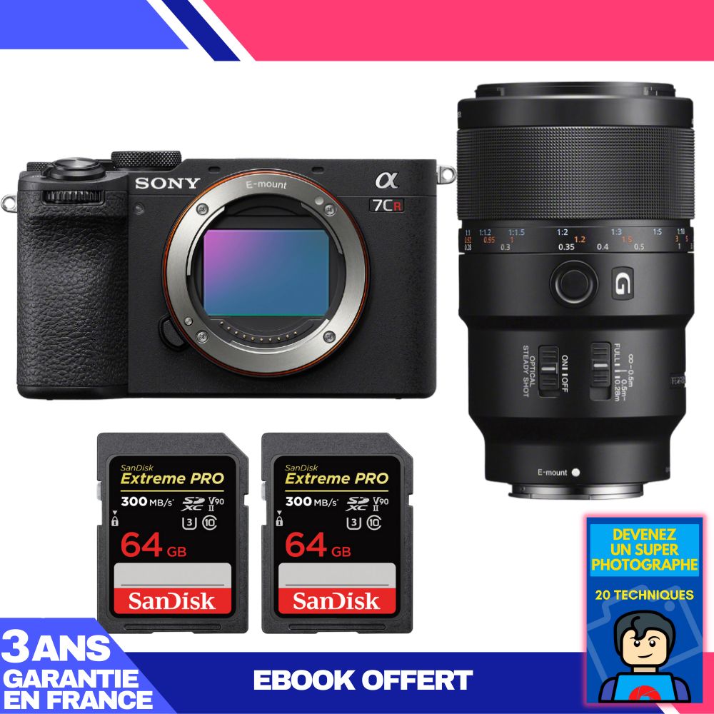Sony A7CR Black Body + FE 90mm f/2.8 Macro G OSS Lens + 2 SanDisk 64GB Extreme PRO UHS-II SDXC Cards + 'Become a Super Photographer' Ebook