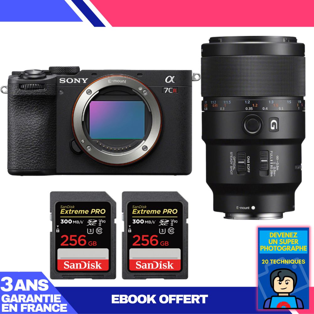 Sony A7CR Black Body + FE 90mm f/2.8 Macro G OSS Lens + 2 SanDisk 256GB Extreme PRO UHS-II SDXC Cards + 'Become a Super Photographer' Ebook
