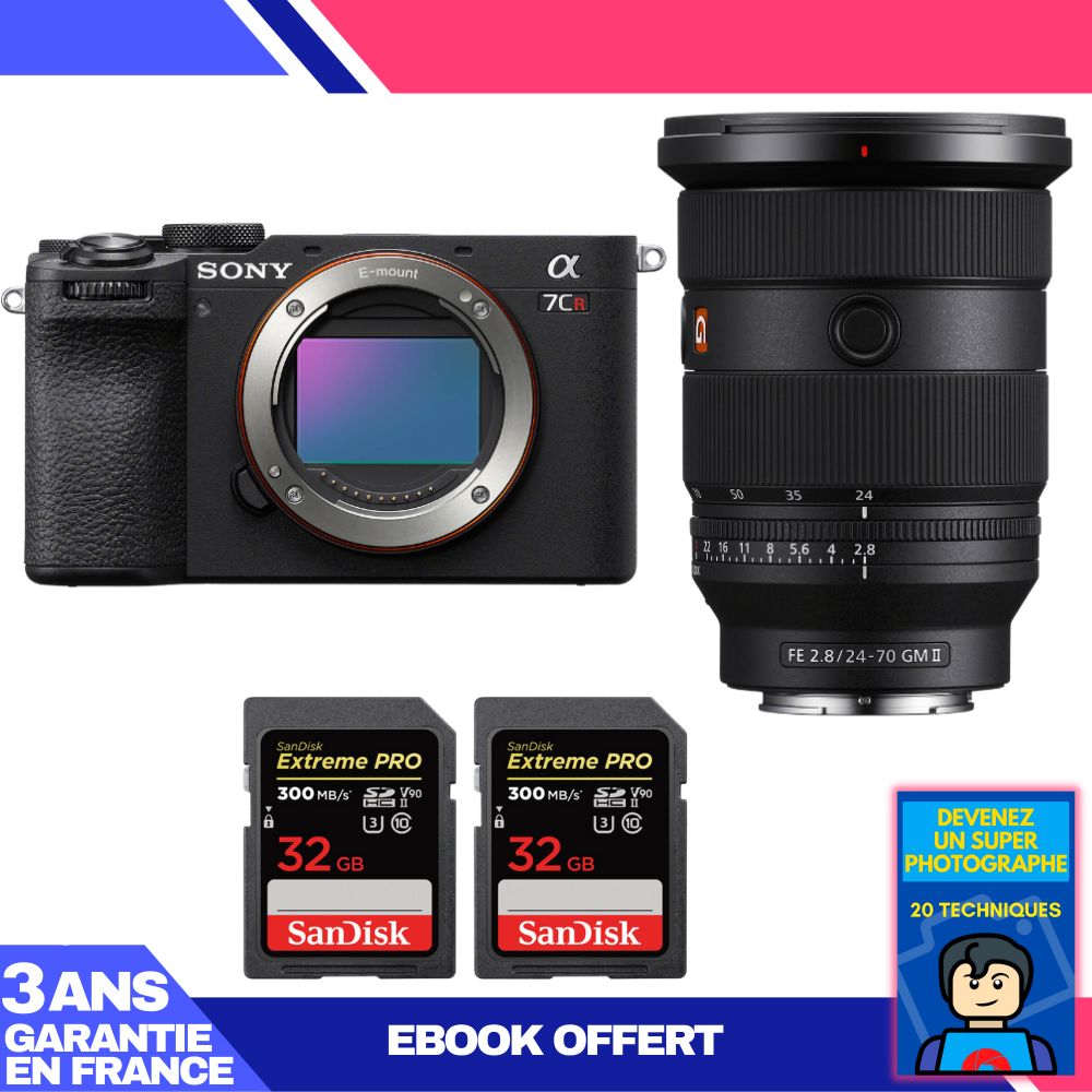 Boîtier Sony A7CR Noir + Objectif FE 24-70mm f/2.8 GM II + 2 Cartes Sandisk 32Go Extreme PRO UHS-II SDXC 300 Mo/s + Ebook 'Devenez un Super Photographe'