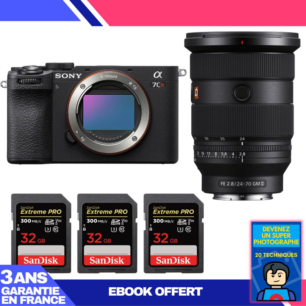 Boîtier Sony A7CR Noir + Objectif FE 24-70mm f/2.8 GM II + 3 Cartes SD SanDisk 32Go Extreme PRO UHS-II 300 Mo/s