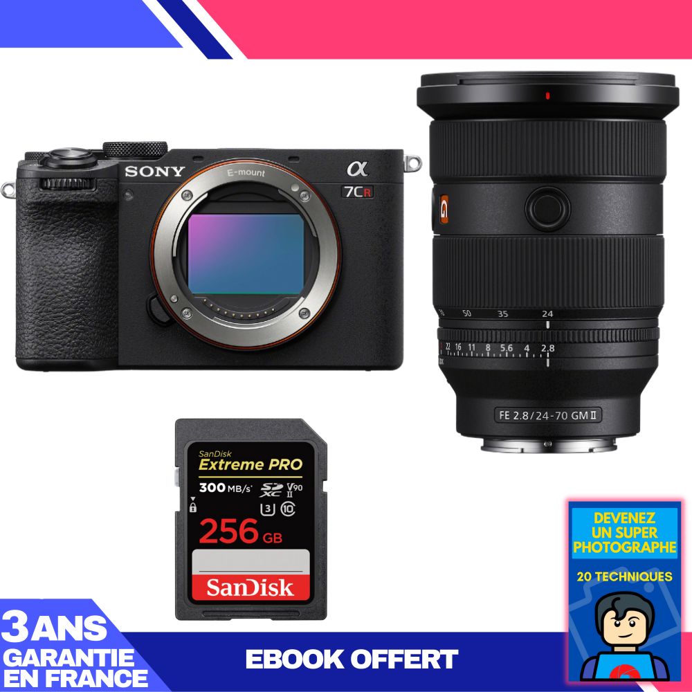 Boîtier Sony A7CR Noir + Objectif FE 24-70mm f/2.8 GM II + Carte SD 256 Go SanDisk Extreme PRO UHS-II + Ebook 'Devenez Un Super Photographe'
