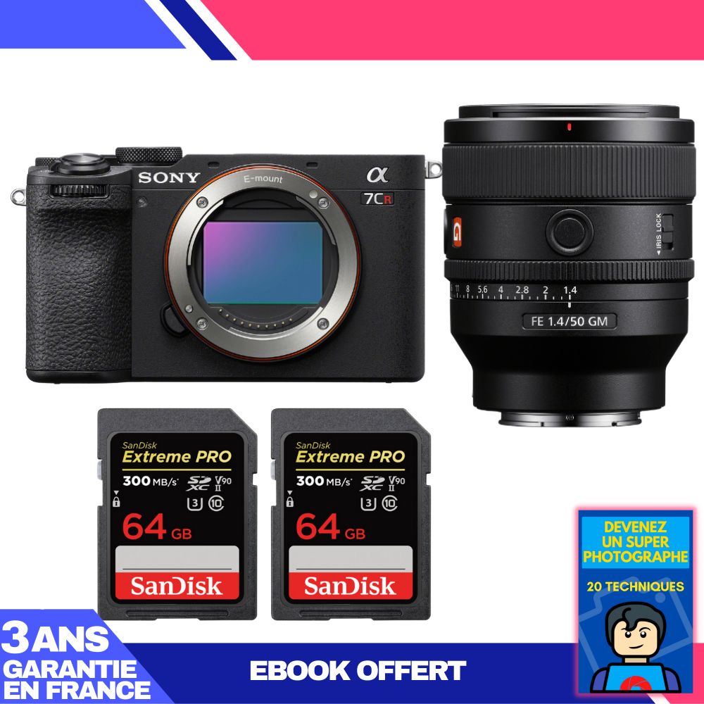 Sony A7CR Black Camera Kit + FE 50mm f/1.4 GM Lens + 2x SanDisk 64GB Extreme PRO UHS-II SDXC Memory Cards + 'Become a Super Photographer' Ebook