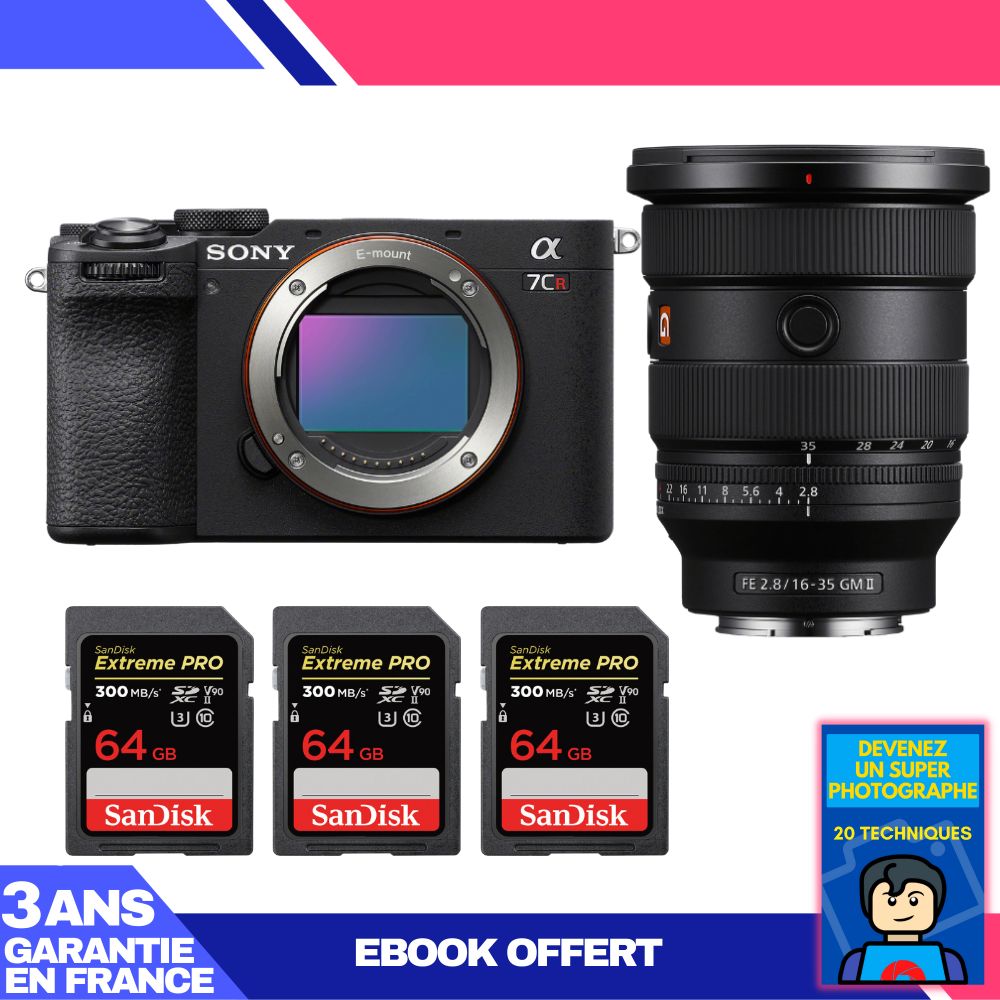 Sony A7CR Black Body + FE 16-35mm f/2.8 GM II Lens + 3 SanDisk 64GB Extreme PRO UHS-II SDXC Cards