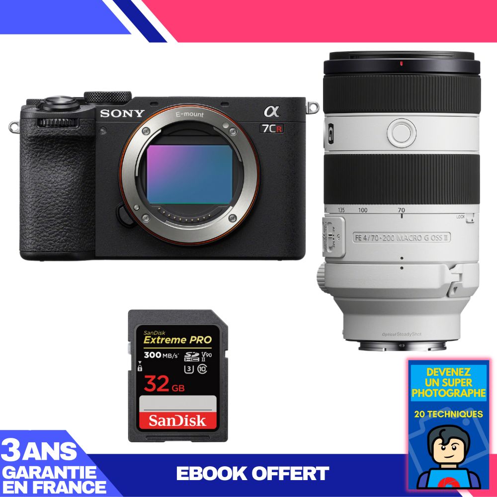 Sony A7CR Black Body + FE 70-200mm f/4 Macro G OSS II Lens + 1 SanDisk 32GB Extreme PRO UHS-II SDXC Card + 'Become a Super Photographer' Ebook