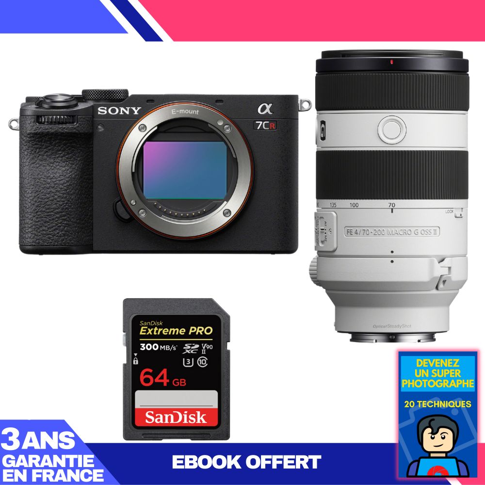 Sony A7CR Black Body + FE 70-200mm f/4 Macro G OSS II Lens + 1 SanDisk 64GB Extreme PRO UHS-II SDXC Card