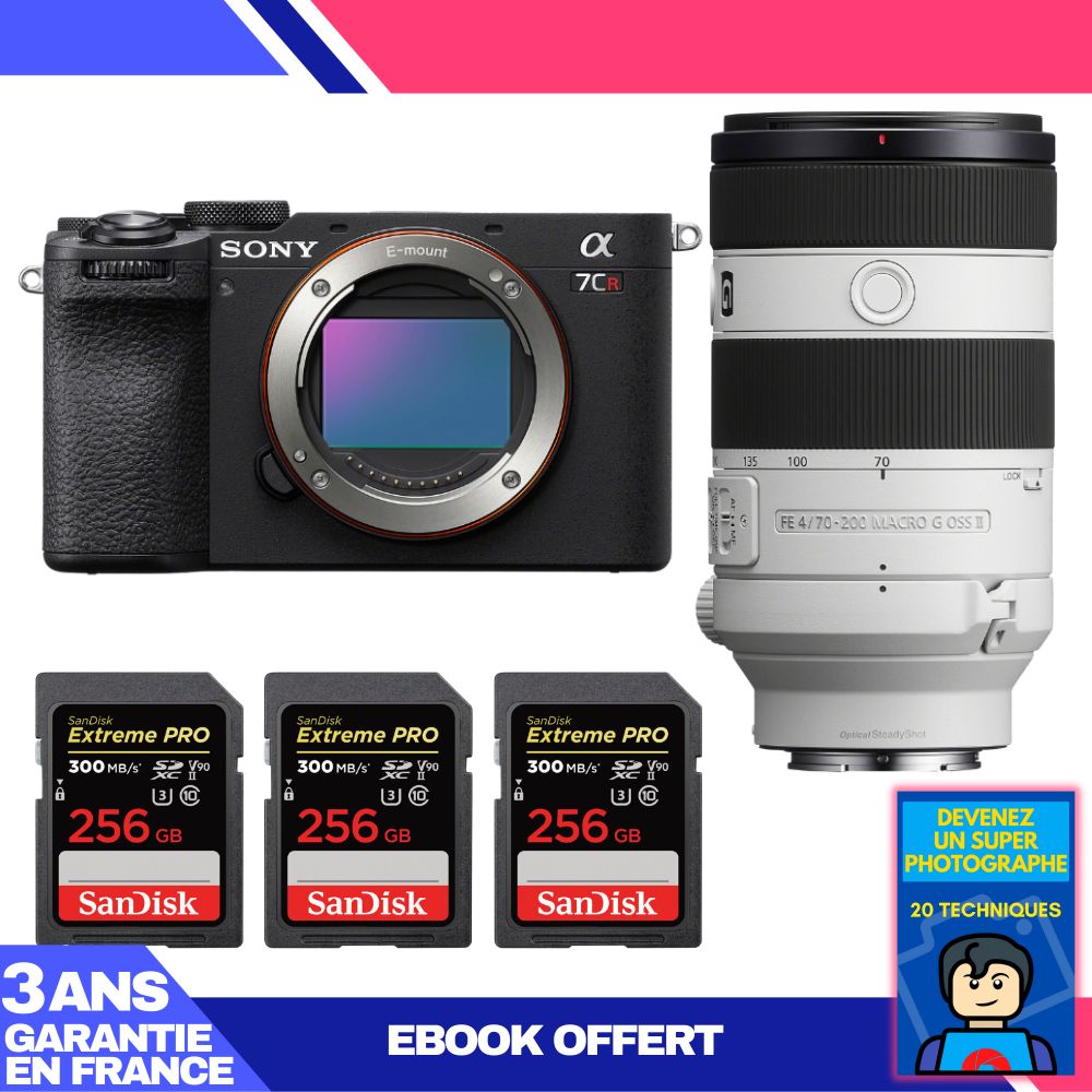 Sony A7CR Black Body + FE 70-200mm f/4 Macro G OSS II Lens + 3x SanDisk 256GB Extreme PRO UHS-II SDXC Memory Cards + 'Become a Super Photographer' Ebook