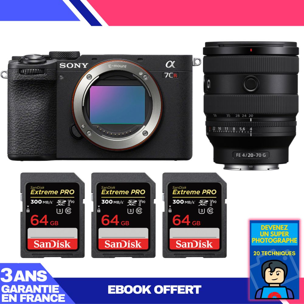 Sony A7CR Black Body + FE 20-70mm f/4 G Lens + 3 SanDisk 64GB Extreme PRO UHS-II SDXC Cards + 'Become a Super Photographer' Ebook