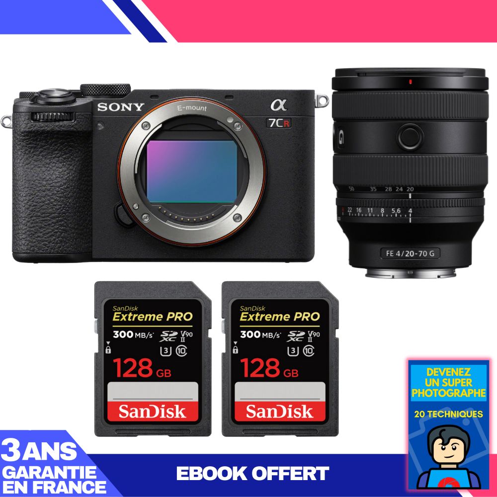 Sony A7CR Black Body + FE 20-70mm f/4 G Lens + 2 SanDisk 128GB Extreme PRO UHS-II SDXC Cards