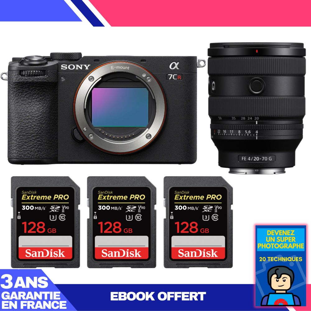 Sony A7CR Black Body + FE 20-70mm f/4 G Lens + 3 SanDisk 128GB Extreme PRO UHS-II SDXC Cards + 'Become a Super Photographer' Ebook
