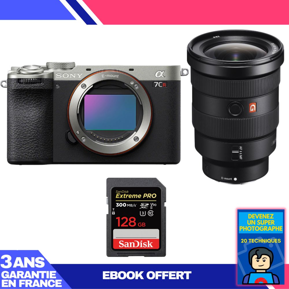 Kit appareil photo Sony A7CR Argent avec objectif FE 16-35mm f/2.8 GM + carte SD SanDisk 128 Go Extreme PRO