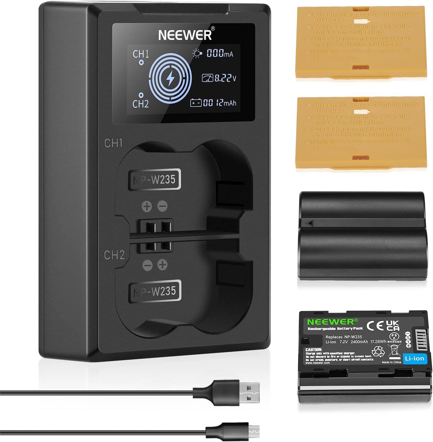 Cargador de batería doble Neewer NP-W235 para cámara con pantalla LCD - 2400 mAh - Baterías de repuesto compatibles con Fujifilm X-T5, X-T4, GFX 100S, X-H2S, GFX 50S II