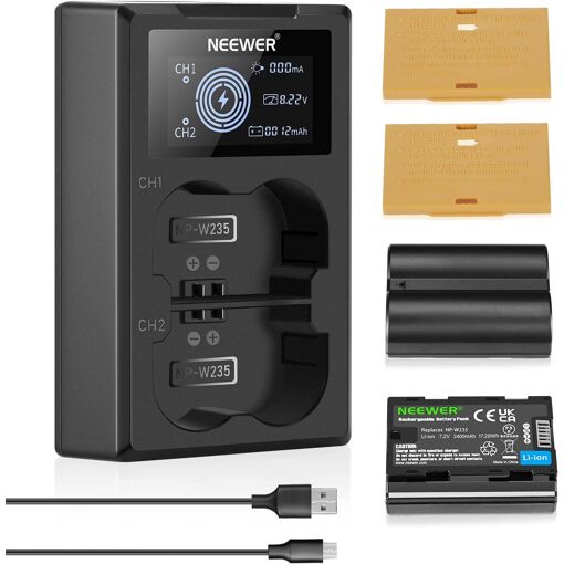 Cargador de batería doble Neewer NP-W235 para cámara con pantalla LCD - 2400 mAh - Baterías de repuesto compatibles con Fujifilm X-T5, X-T4, GFX 100S, X-H2S, GFX 50S II