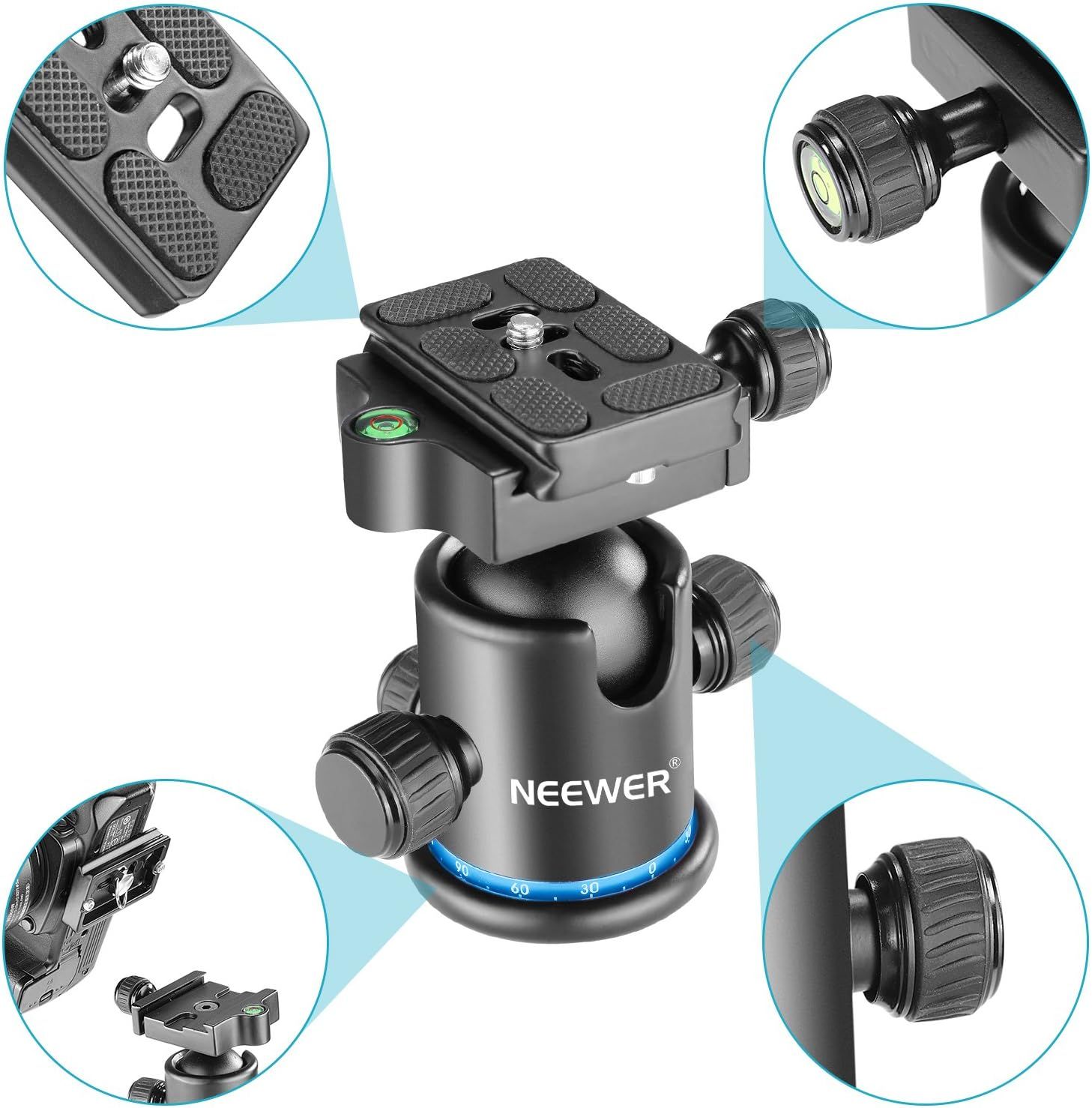 Tête sphérique Neewer rotative à 360 degrés en métal avec plaque de libération rapide, niveau à bulle pour trépied, monopode, curseur, appareil photo reflex numérique, caméscope jusqu'à 8 kg (bleu)
