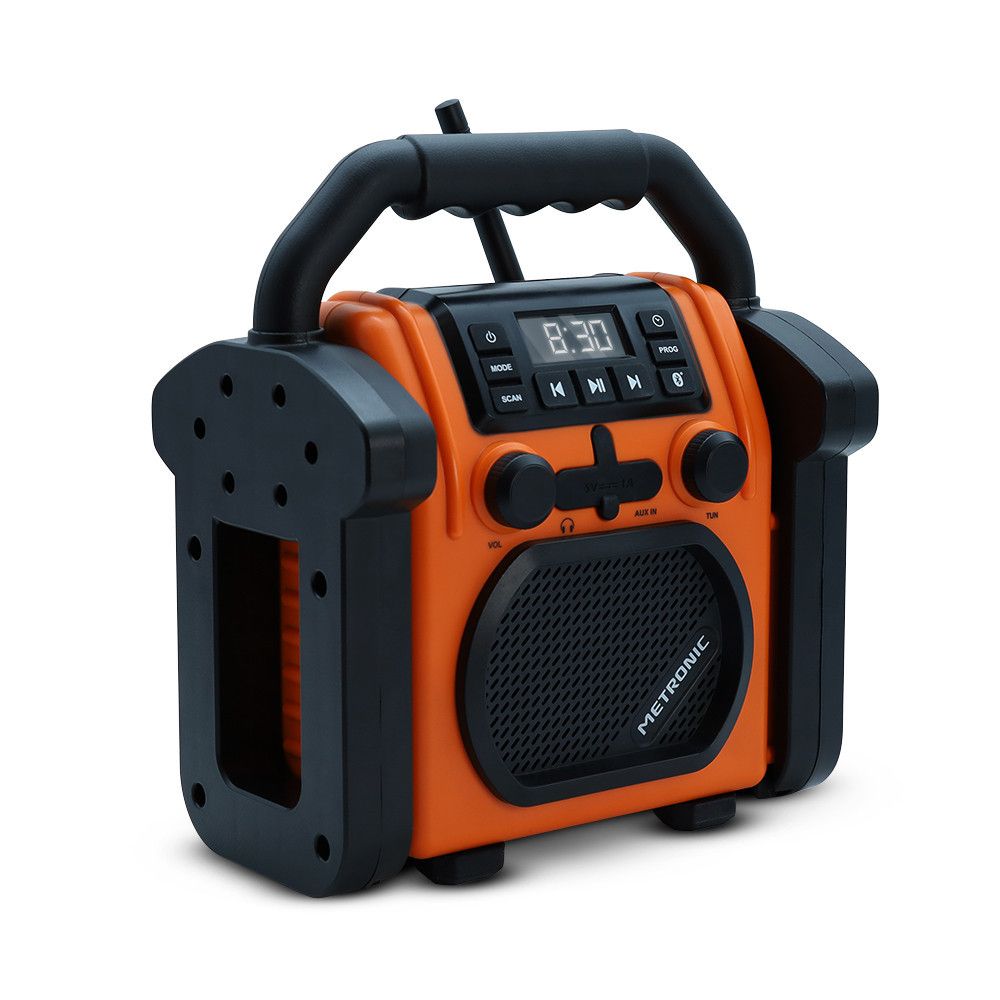 Metronic Billy Construction Radio with Rechargeable Battery, FM Radio, Bluetooth, Spare Battery - Orange