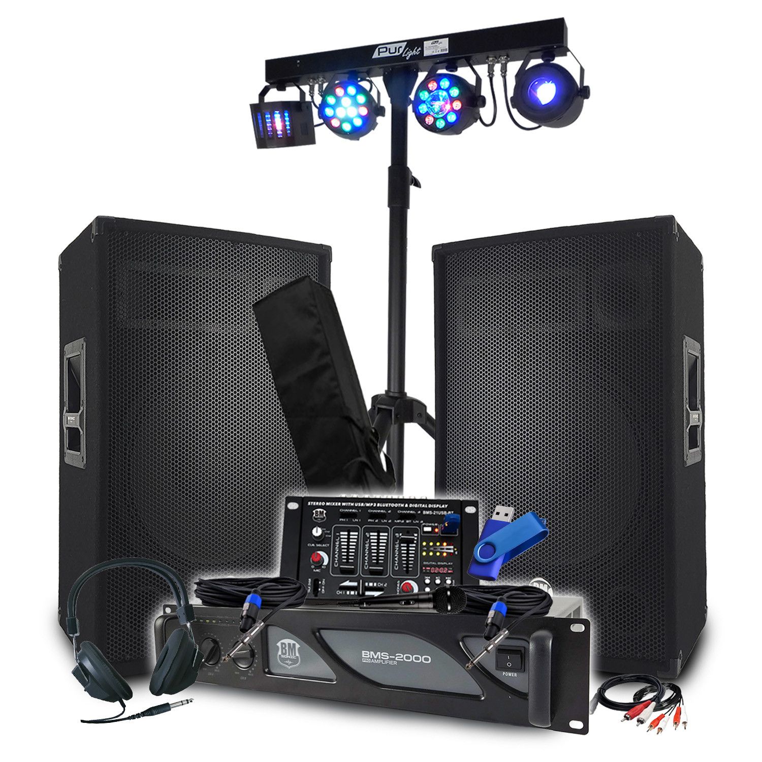 BM SONIC Pack Sono: 2000W Amplifier, Passive Speakers, Mixing Table, Euphoria Portal + 48 Light Effects + 32G Key