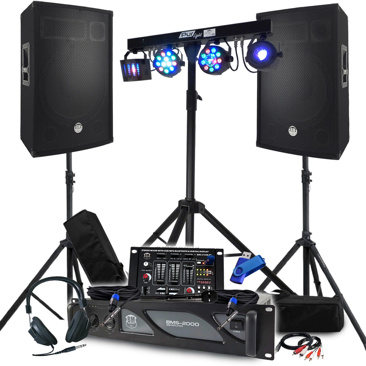 Pack Sono BM SONIC: Amplificador de 2000W, Altavoces Pasivos de 2x700W, Mesa de Mezcla, Portal de Euphoria + 48 Efectos de Luz + Llave de 32G