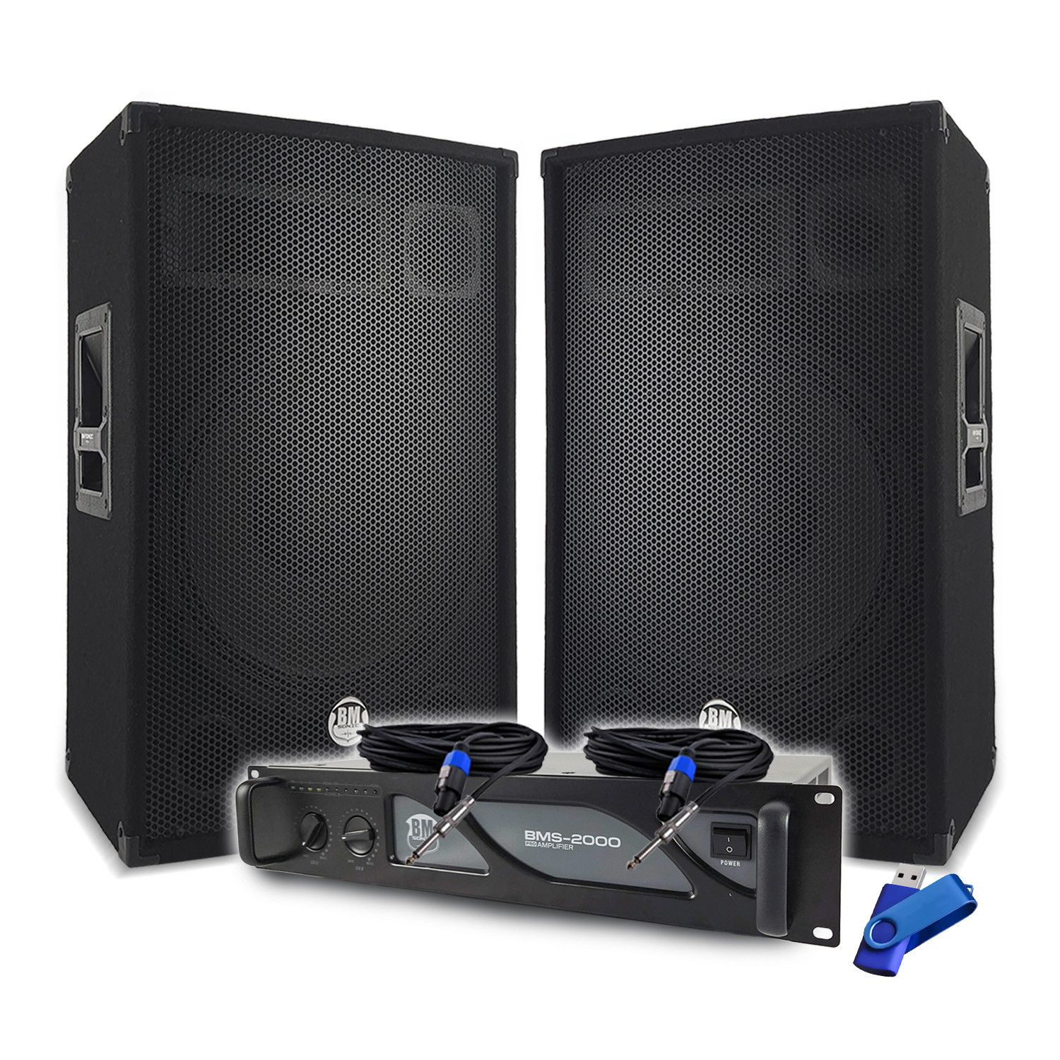 Kit BM SONIC Sono DJ: Amplificador de 2000W, Altavoces Pasivos 2x700W, Cables Speakon, Sistema de Sonorización PRO+Clave 32G