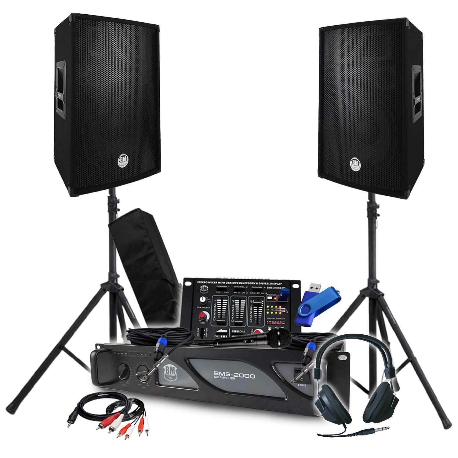 BM SONIC Pack Sono: 2000W Amplifier, Passive Speakers, Mixing Table, Feet, DJ Headphones, Cables and Microphone+Key 32G