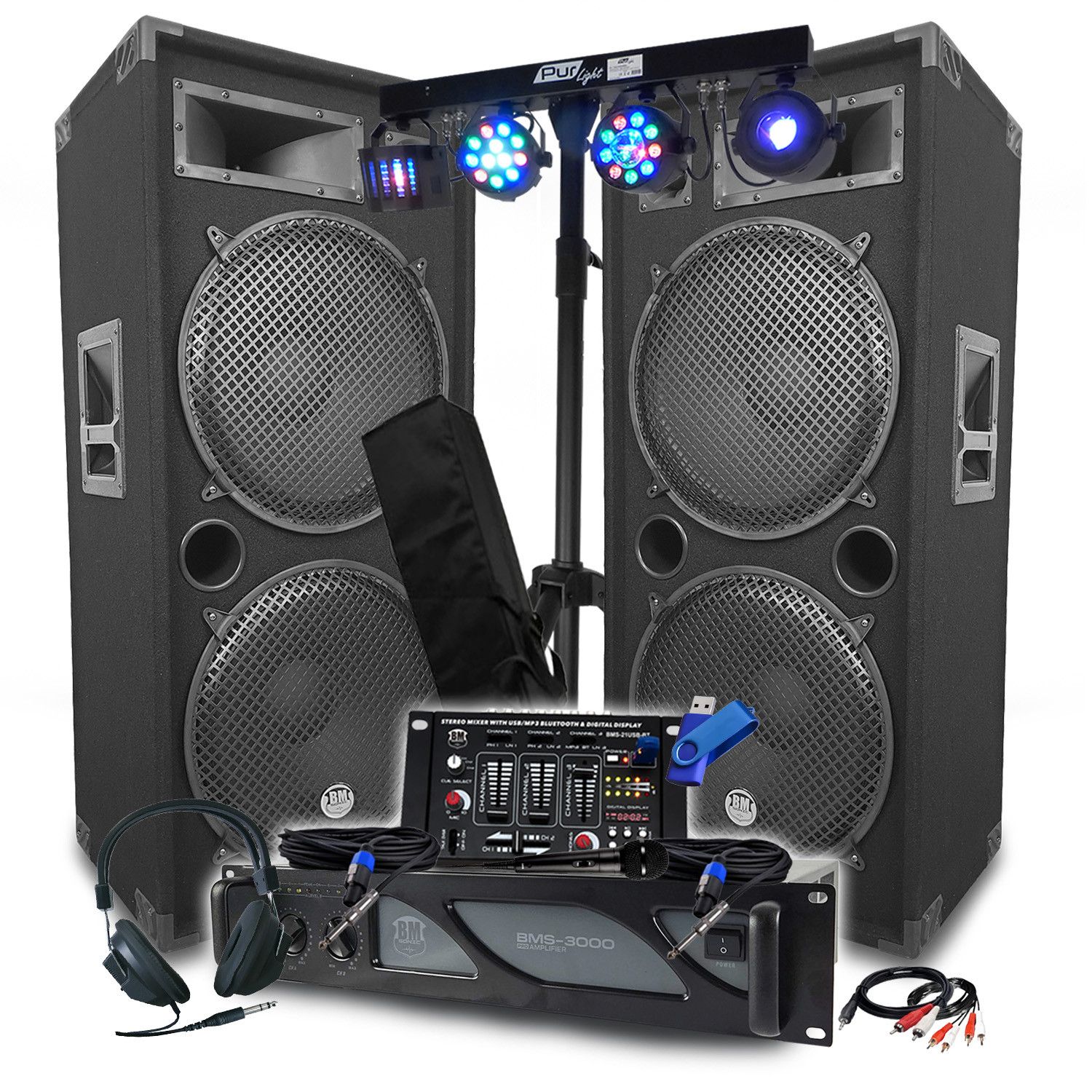BM Sonic Sono Pack: 3000W Amplifier, LSC215 Speakers, Mixing Console, Euphoria Portal + 48 Light Effects