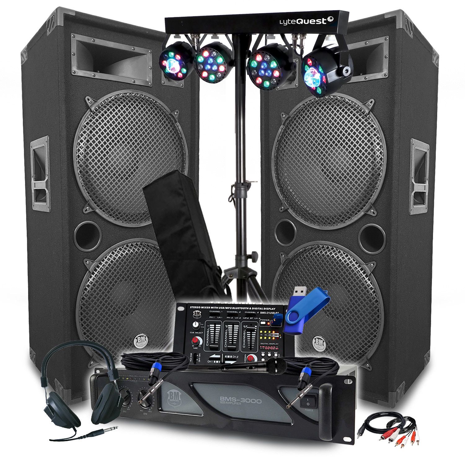 BM Sonic Sono Pack: 3000W Amplifier, LSC215 2x2000W Speakers, Bluetooth Mixer, 8 LED Light Strips + 32G Key