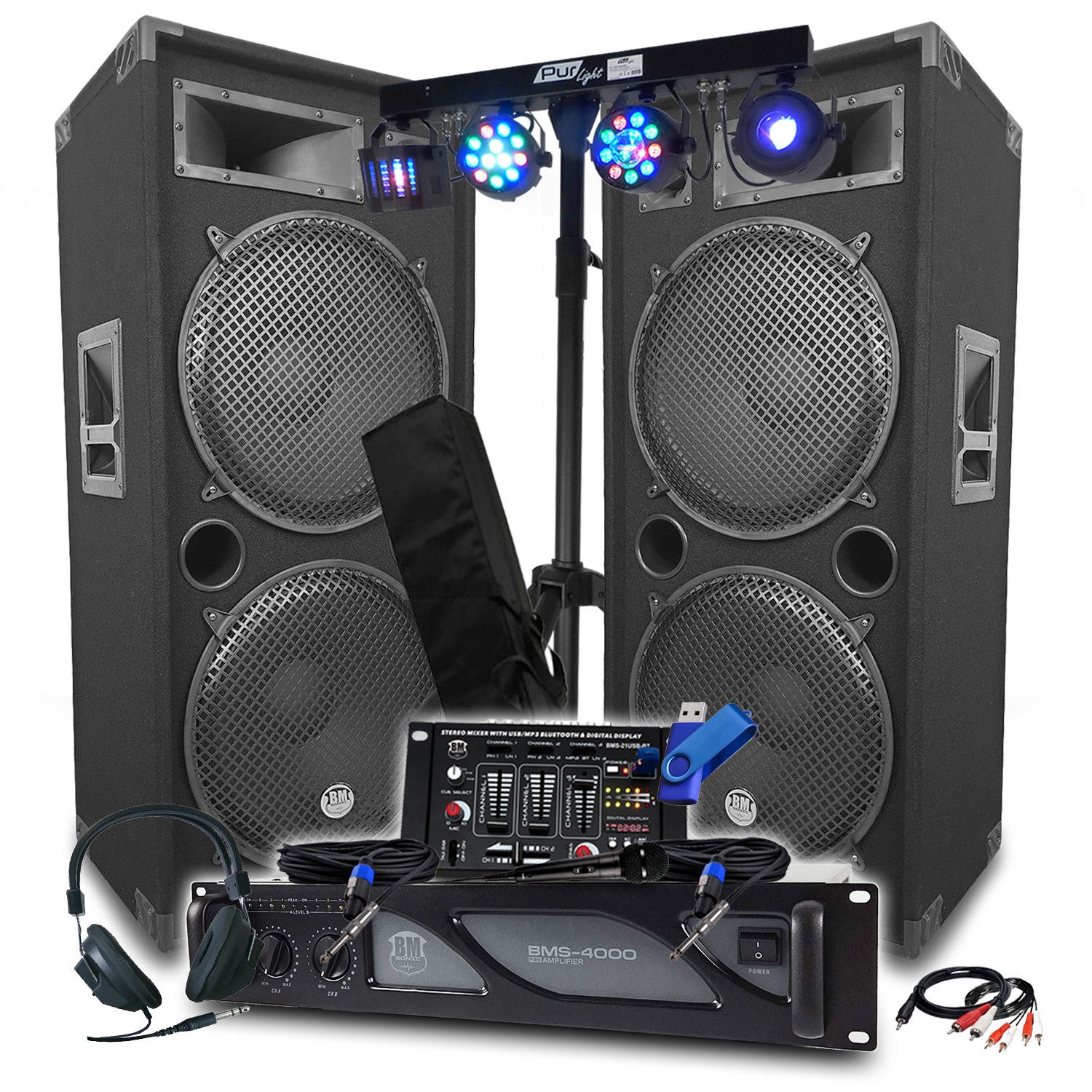 BM Sonic Pack Sono: 4000W Amplifier, LSC215 Speakers, Mix Table, Lighting + Effects