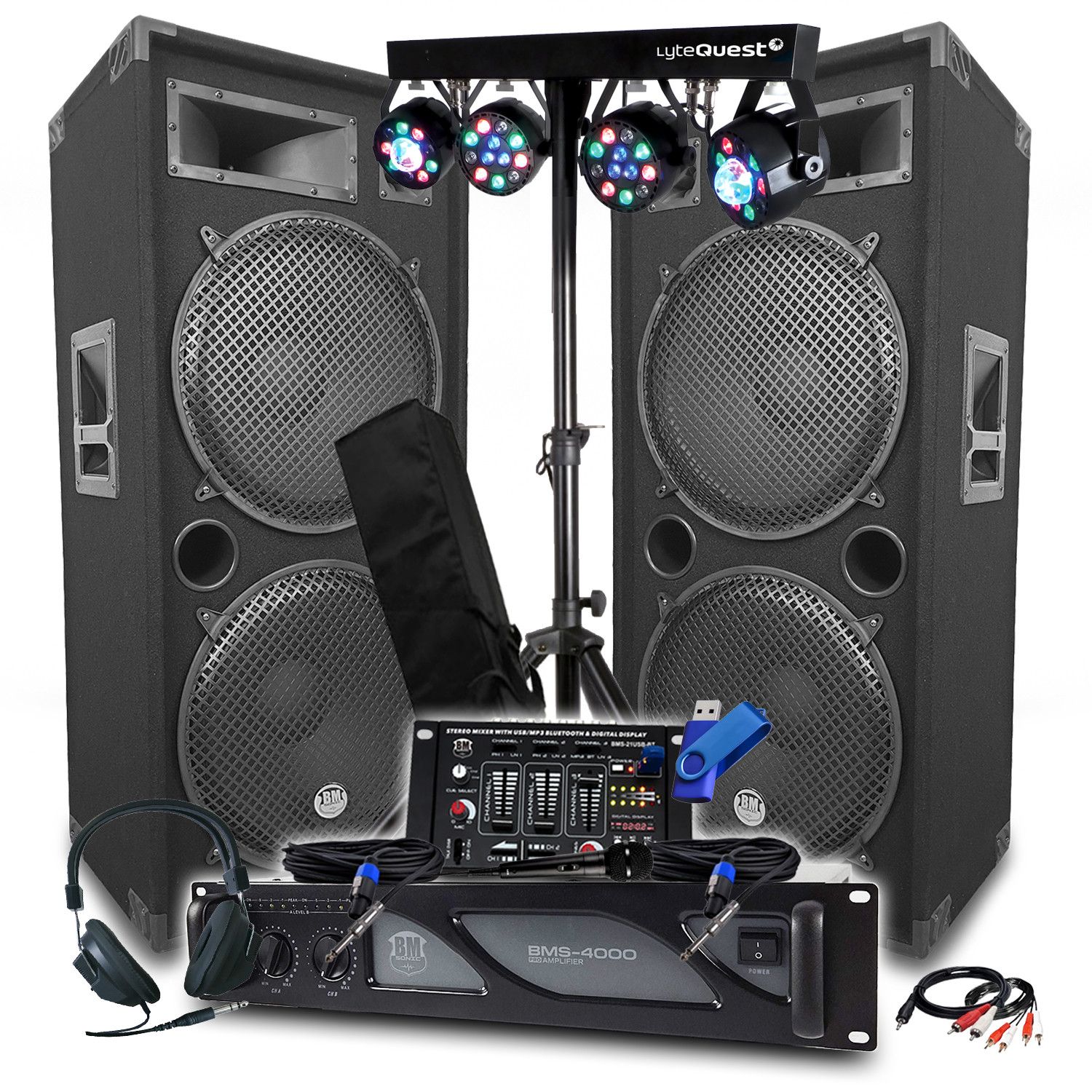 BM SONIC Pack Sono: 4000W Amplifier, LSC215 2x2000W Speakers, Bluetooth Mixer Table, X-Performer 8 LED Light Bars