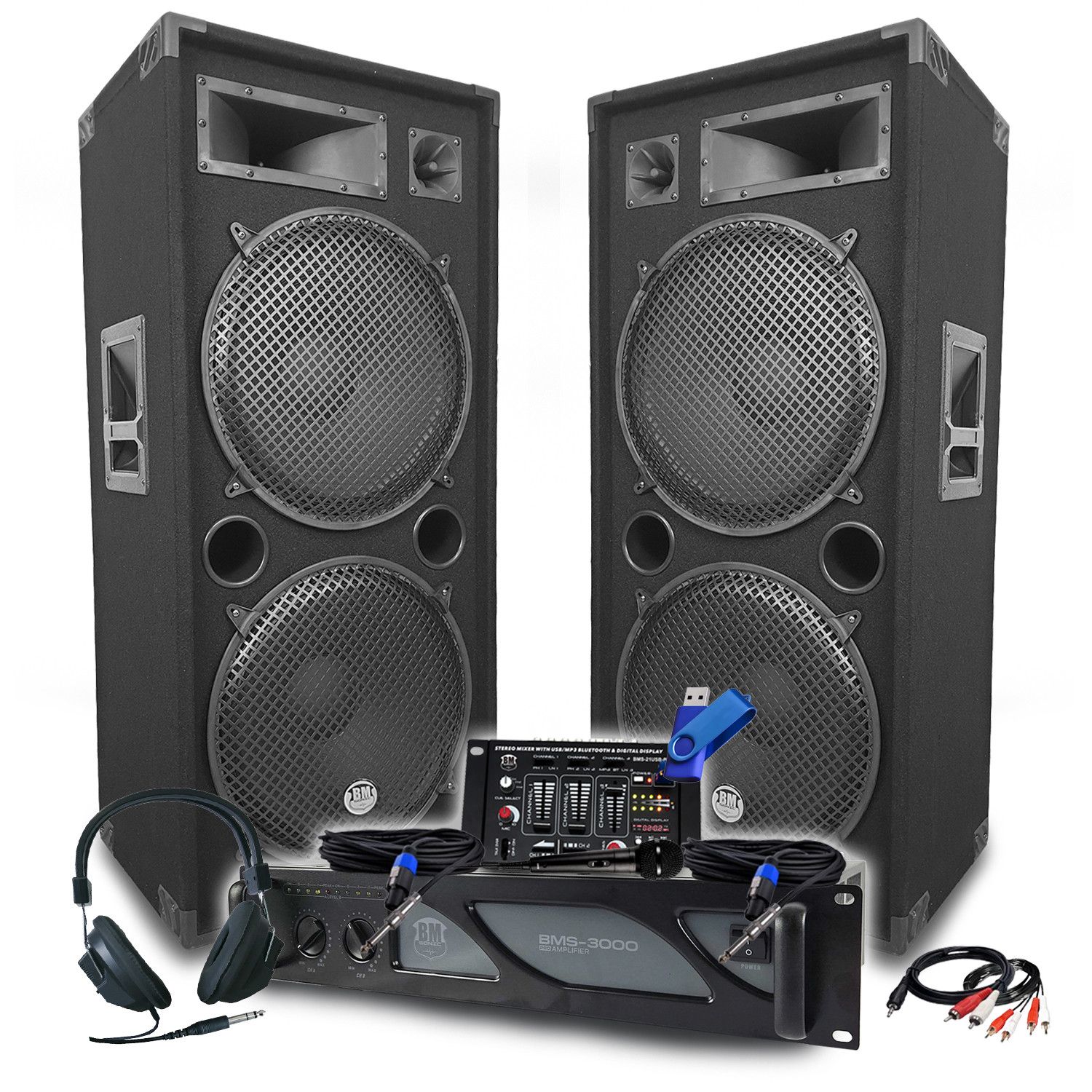 Pack DJ BM SONIC: Amplificador de 3000W, Altavoces pasivos (2x2000W), Mesa de mezclas, Auriculares DJ, Cables, Micrófono + Llave 32G