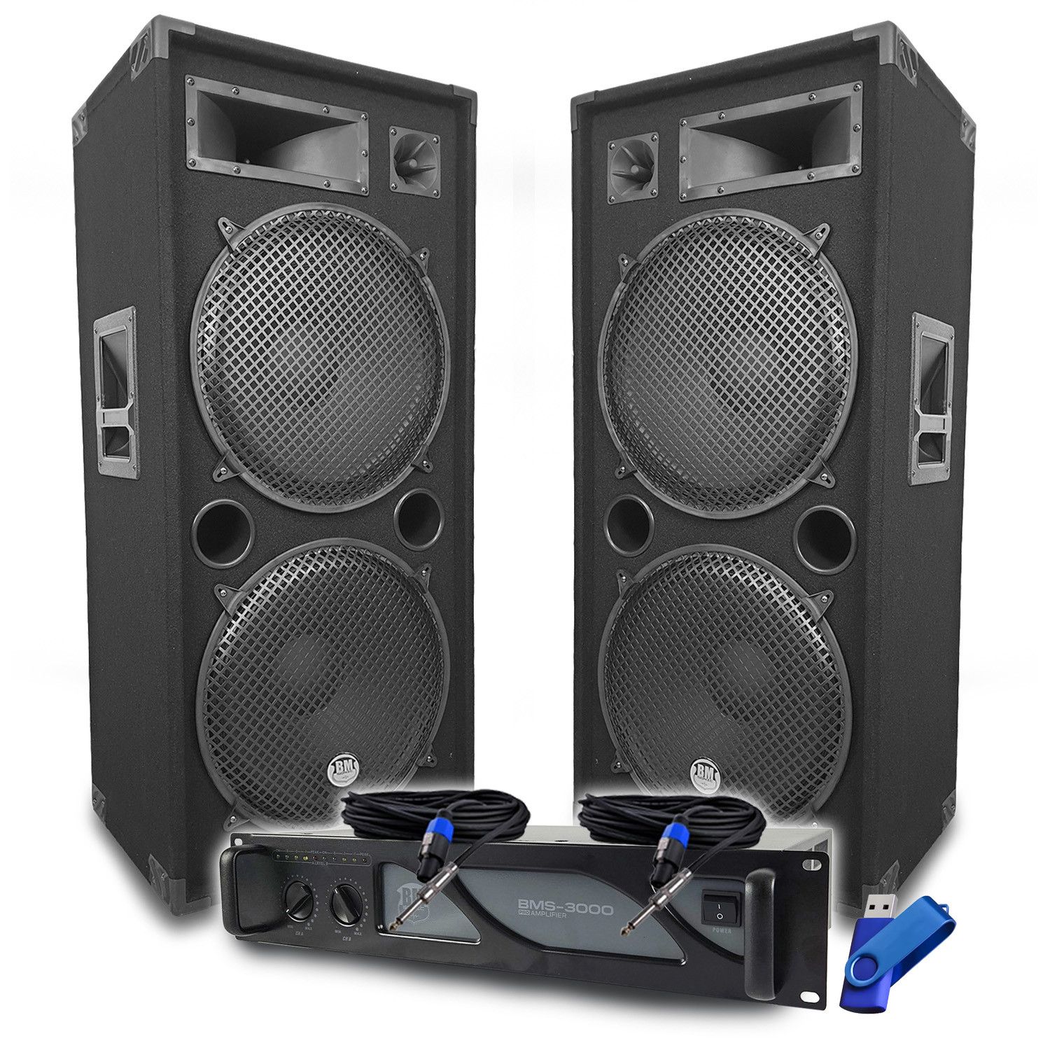 Kit Sonoro DJ BM SONIC: Amplificador de 3000W, Altavoces Pasivos 2x2000W, Cables Speakon, Sonorización PRO+ Llave 32G