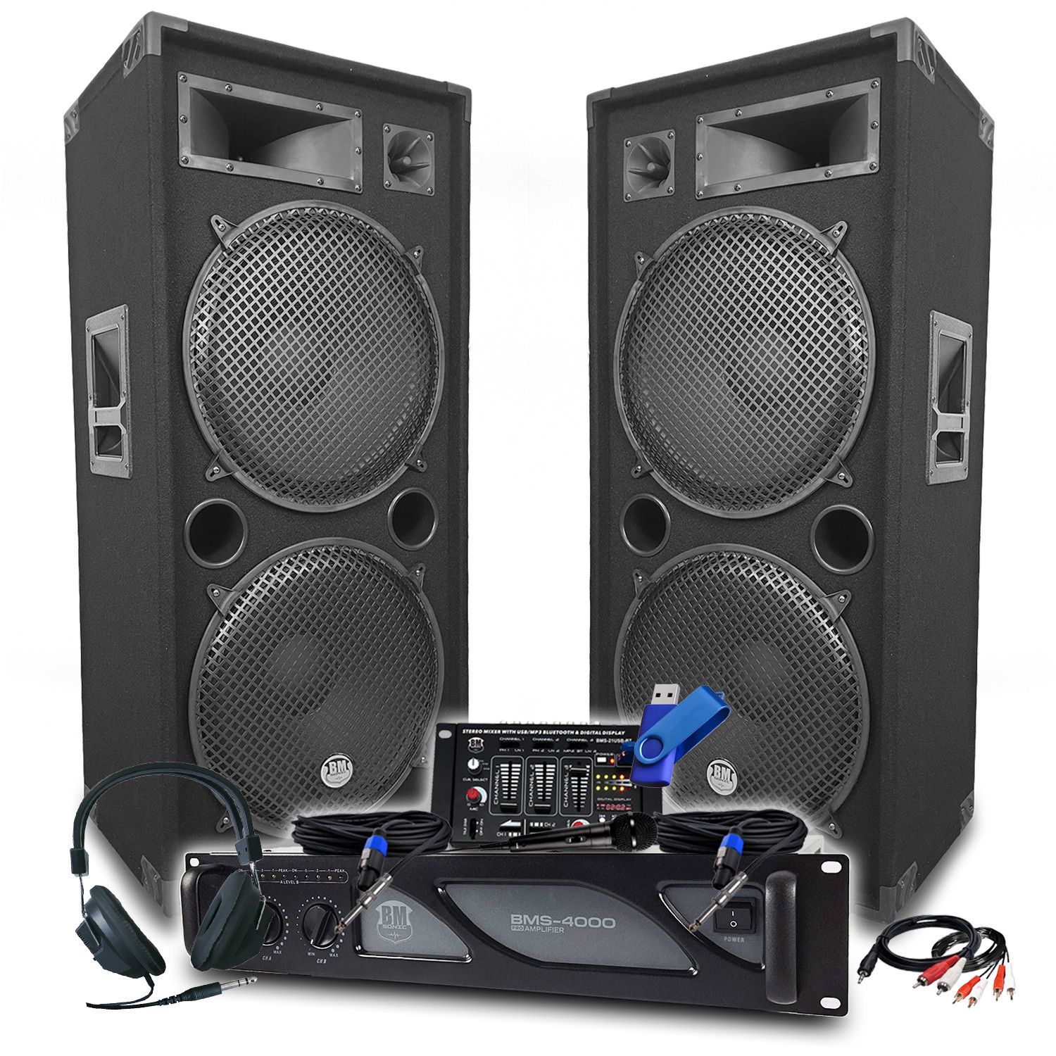 Kit DJ BM SONIC: Amplificador de 4000 vatios, Parlantes Pasivos LSC215 2x2000W, Mesa de Mezcla, Auriculares para DJ, Cables y Micrófono + Tarjeta de 32GB