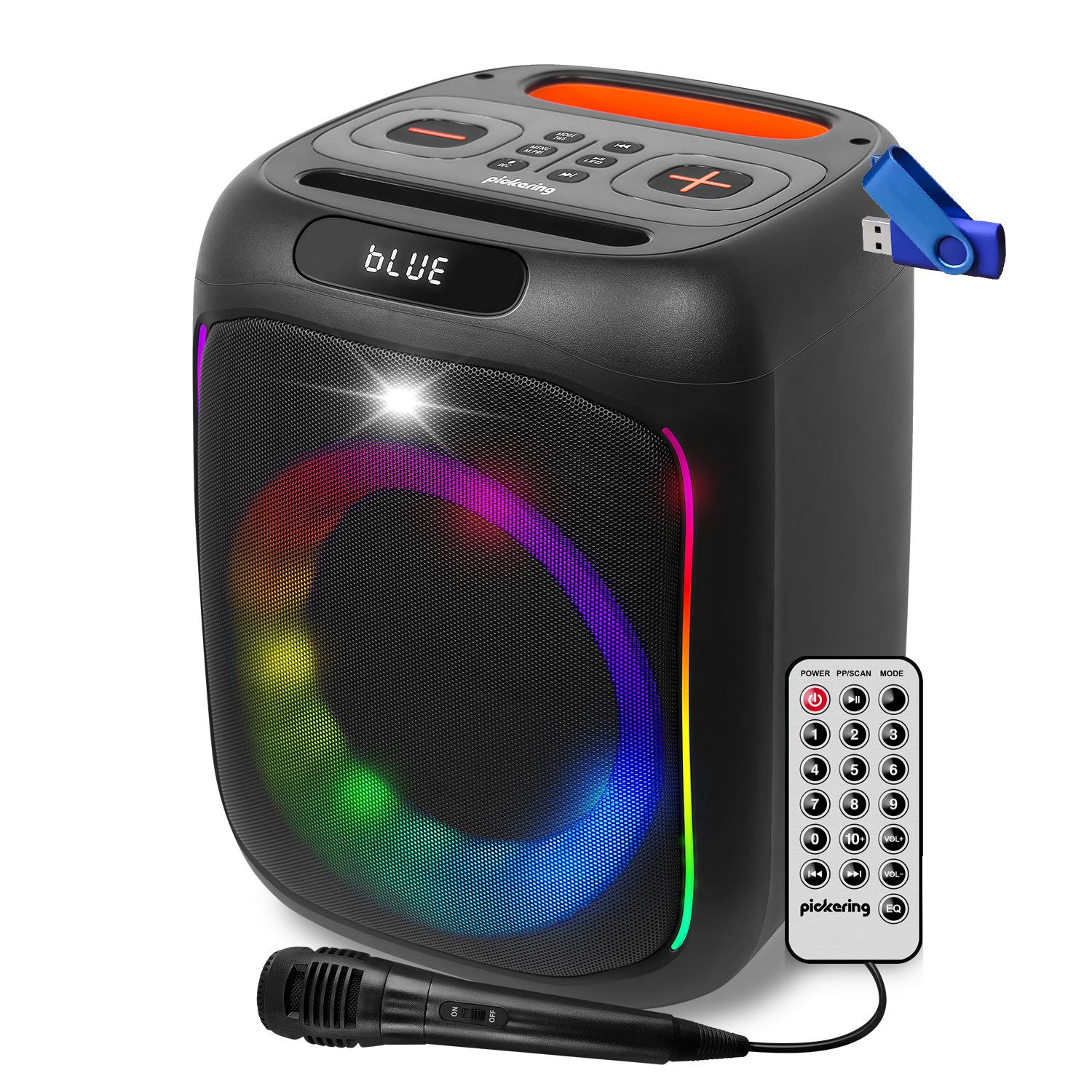 Altavoces portátiles autónomos Pickering SOUNDKUB160 - 160W, Bluetooth, radio FM, luces LED RGB, efecto estroboscópico, micrófono incorporado