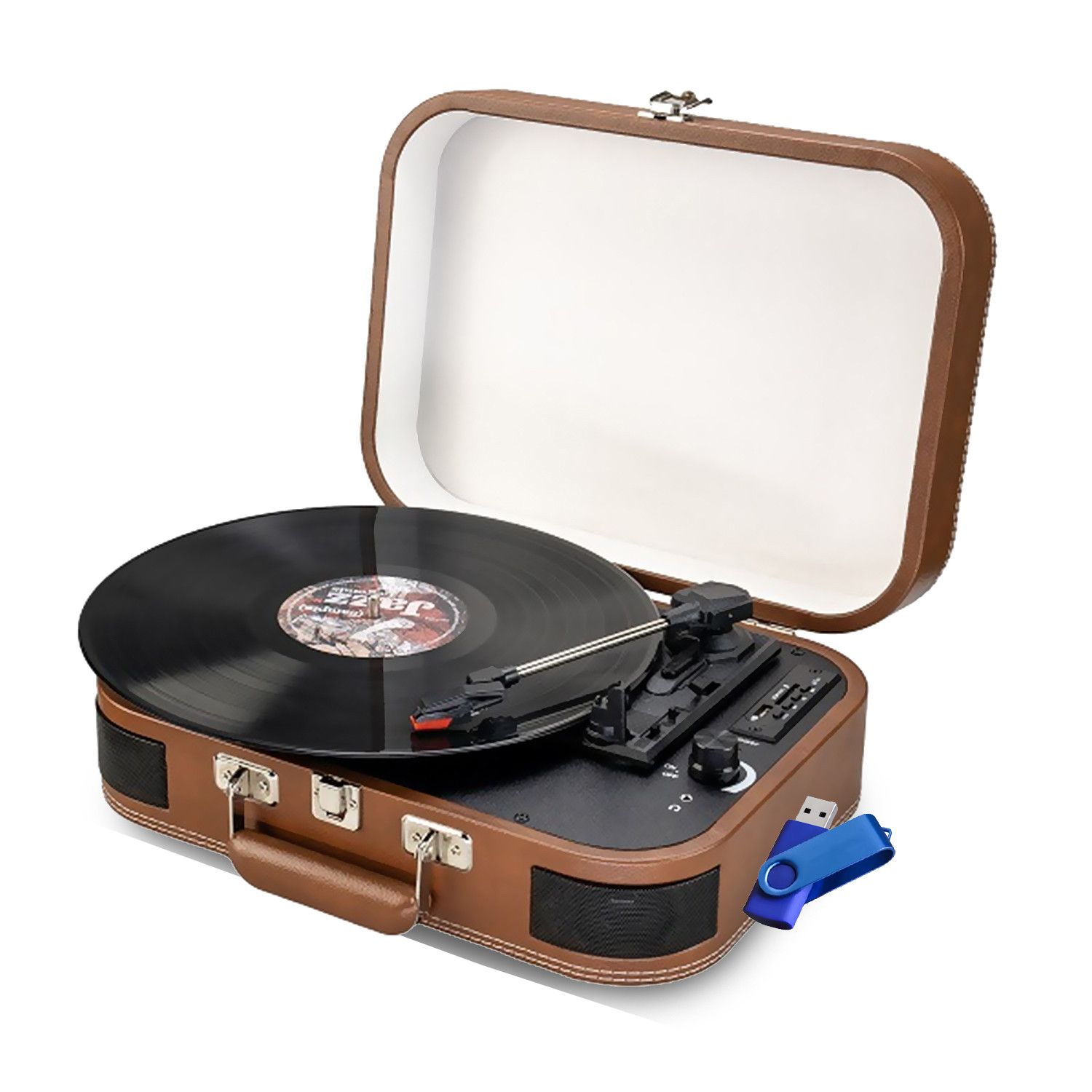Reproductor de vinilo portátil Inovalley TD14 con Bluetooth, USB 2.0, estuche de cuero marrón y llave 32GB