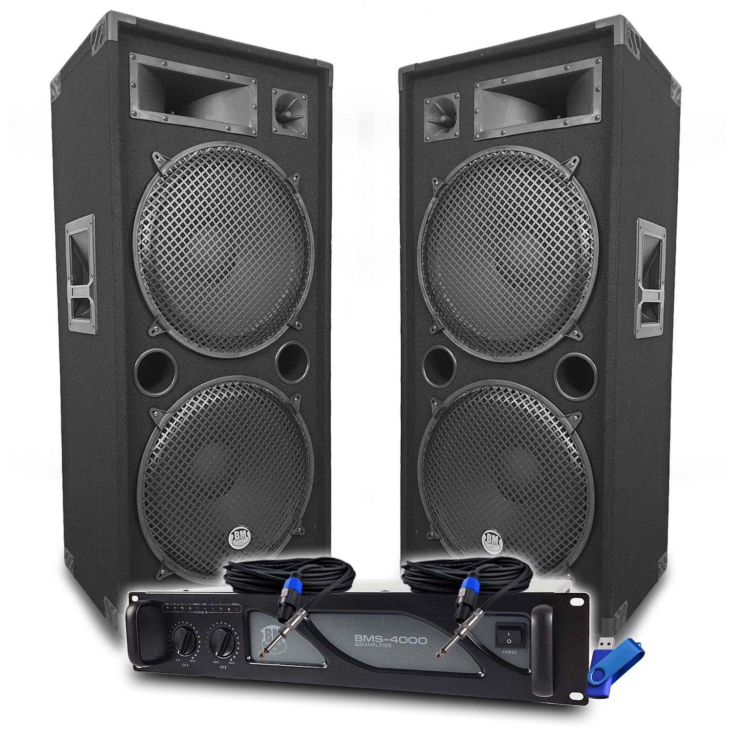 Pack Sono DJ BM SONIC : Amplificateur 4000W, Enceintes Passives LSC215 2x2000W, Câbles Speakon, Sonorisation PRO+