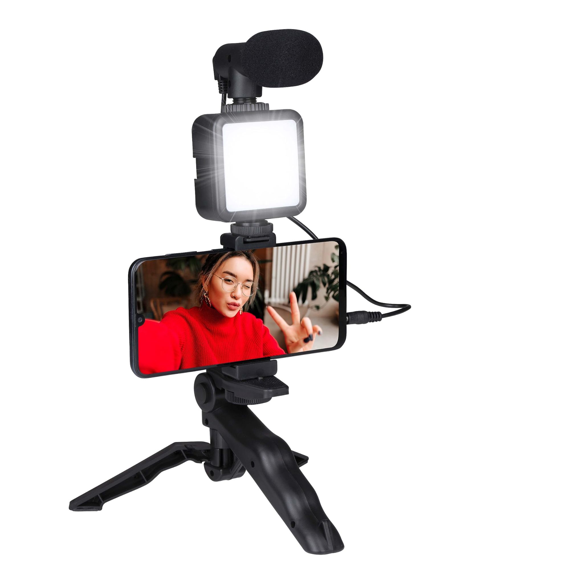 Grundig Phone Tripod with Lamp and Microphone - 3 Color LEDs - For Phones 53-84 MM - Table & Selfie Model - Black Plastic