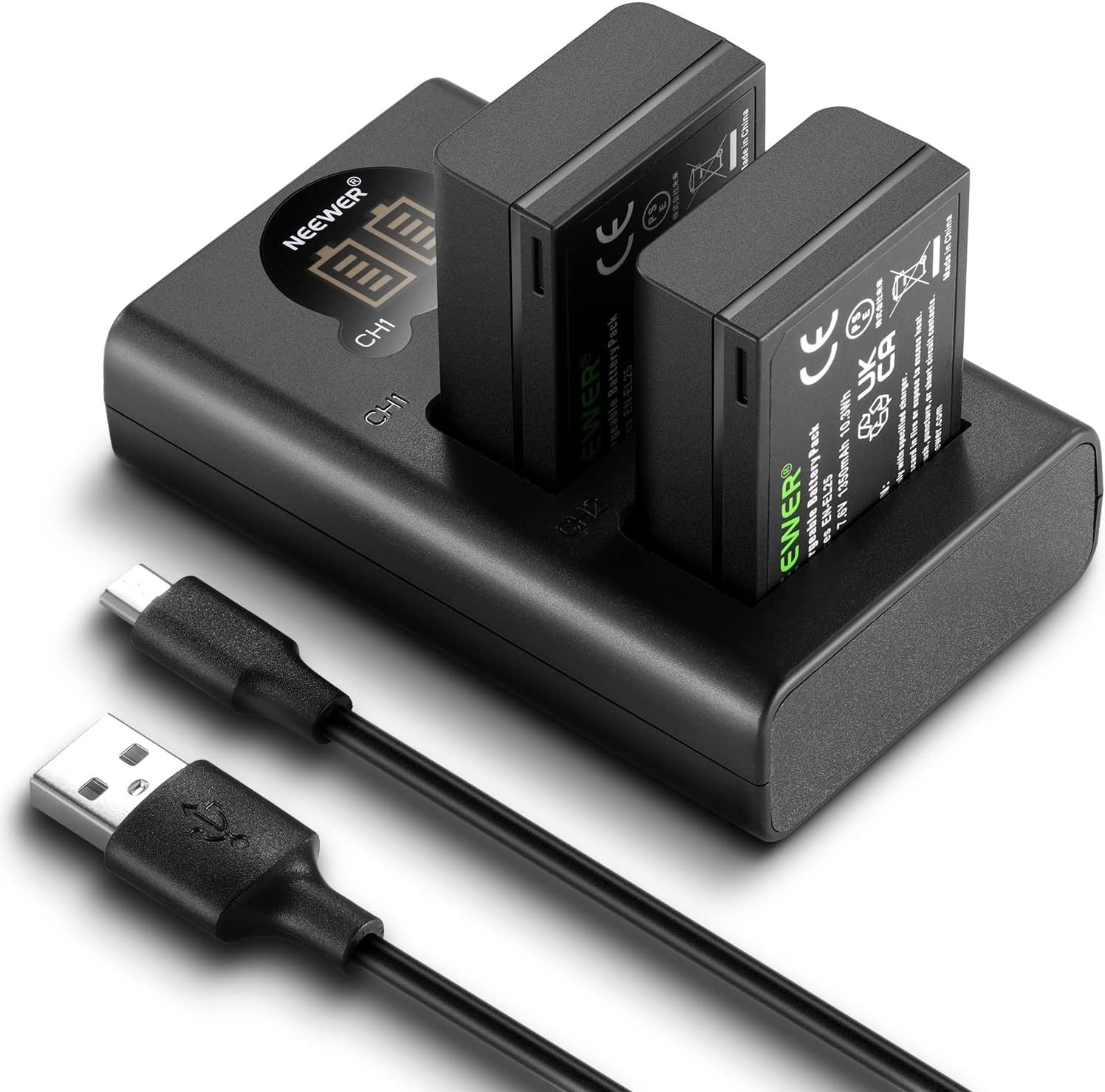 Kit de batería y cargador Neewer EN-EL25 de 1350 mAh (2 baterías + cargador USB) compatible con Nikon Z30, Z50, ZFC, EN-EL25
