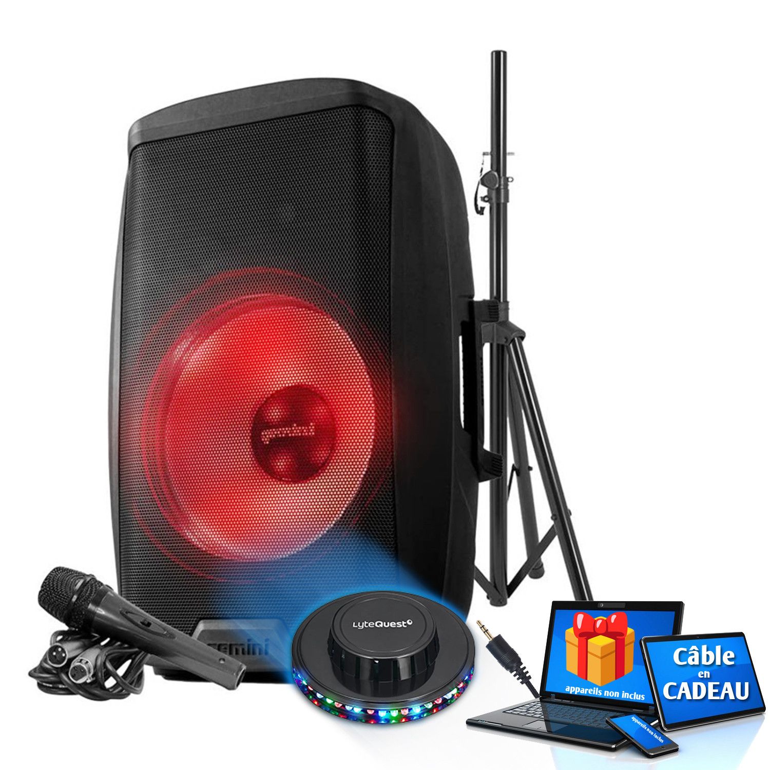 Gemini SONO DJ Boomer 15" Speaker with LED Lighting - 2000W, USB/SD Bluetooth TWS FM, Stand, Cable for PC/Smartphone, LIGHT, ANIMATION, LED