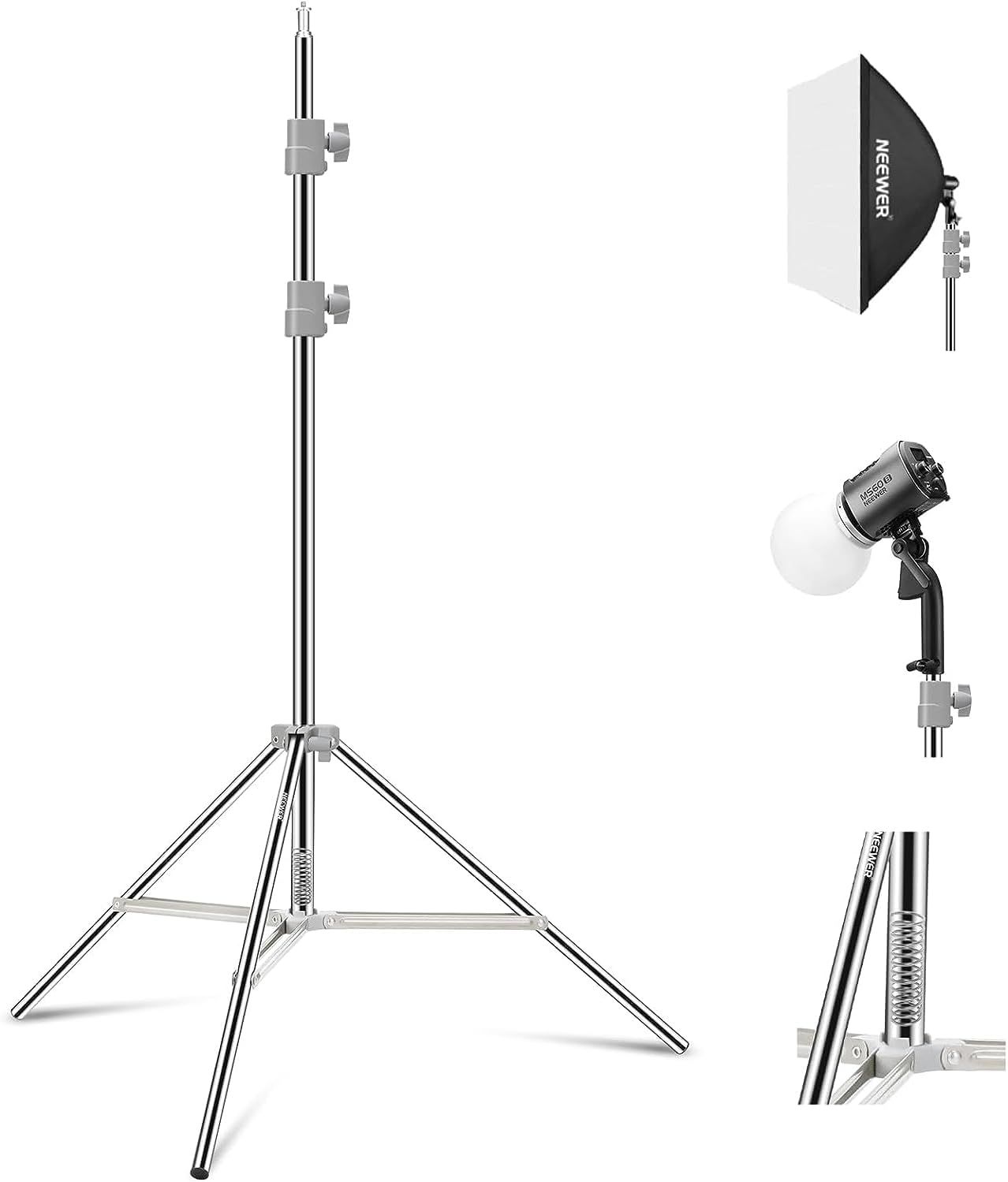 Soporte de luz Neewer mejorado de 75"/190 cm de acero inoxidable con resorte, trípode de fotografía plegable para luz estroboscópica LED anular Softbox, carga máxima 13,5 lb/6,5 kg, ST-190SS