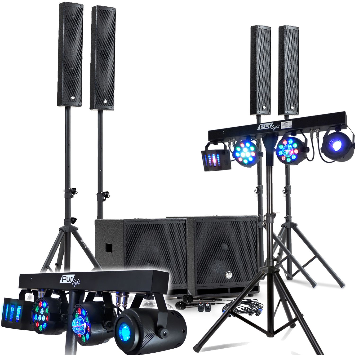 Kit de Son Completo para DJ 2400W BM Sonic, 4 Altavoces Satélites, 2x Subwoofers Mega de 38 cm USB/Bluetooth, Cables, Micrófonos, 2 Estantes de Luz