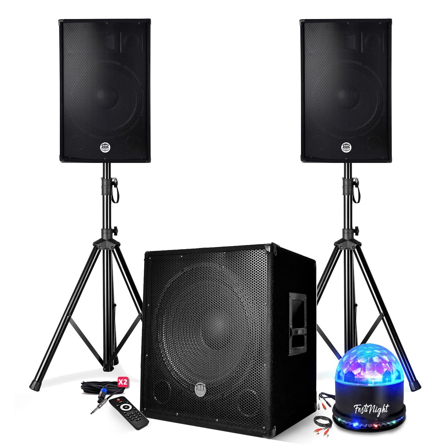 Pack de sonorisation BM SONIC BMS-1515 - Enceintes 15'' + Caisson 15'' + Pieds avec USB/Bluetooth, Kit d'éclairage