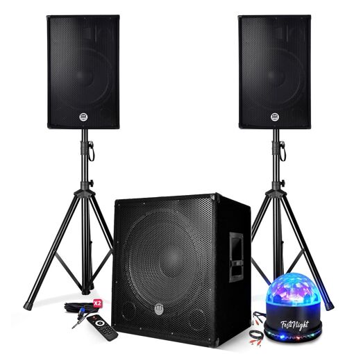 Paquete de Sonorización BM SONIC BMS-1515 - Altavoces de 15" + Subwoofer de 15" + Estantes con USB/Bluetooth, Kit de Iluminación