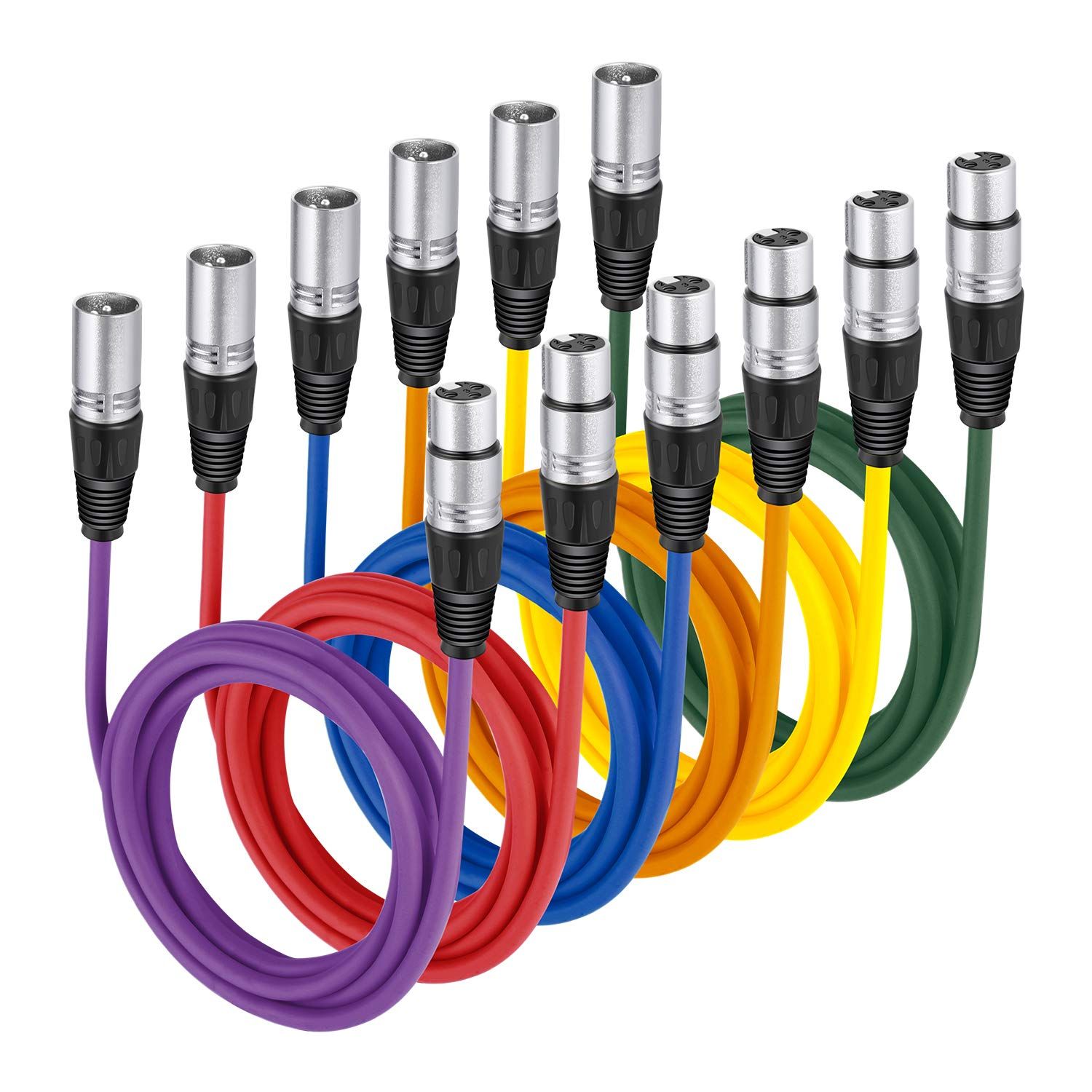 Neewer 6-Piece 6.5 ft/2m XLR Microphone Cable - Balanced Snake Cord with Rubber Jacket in 6 Colors (Green, Blue, Purple, Red, Yellow, and Orange)