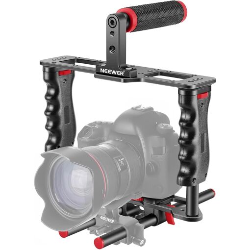 Neewer Aluminum Alloy Video Cage Kit for Camera with Top Handle, Double Handle, 2x 15mm Rods, Compatible with Canon, Sony, Nikon DSLR (Black and Red)