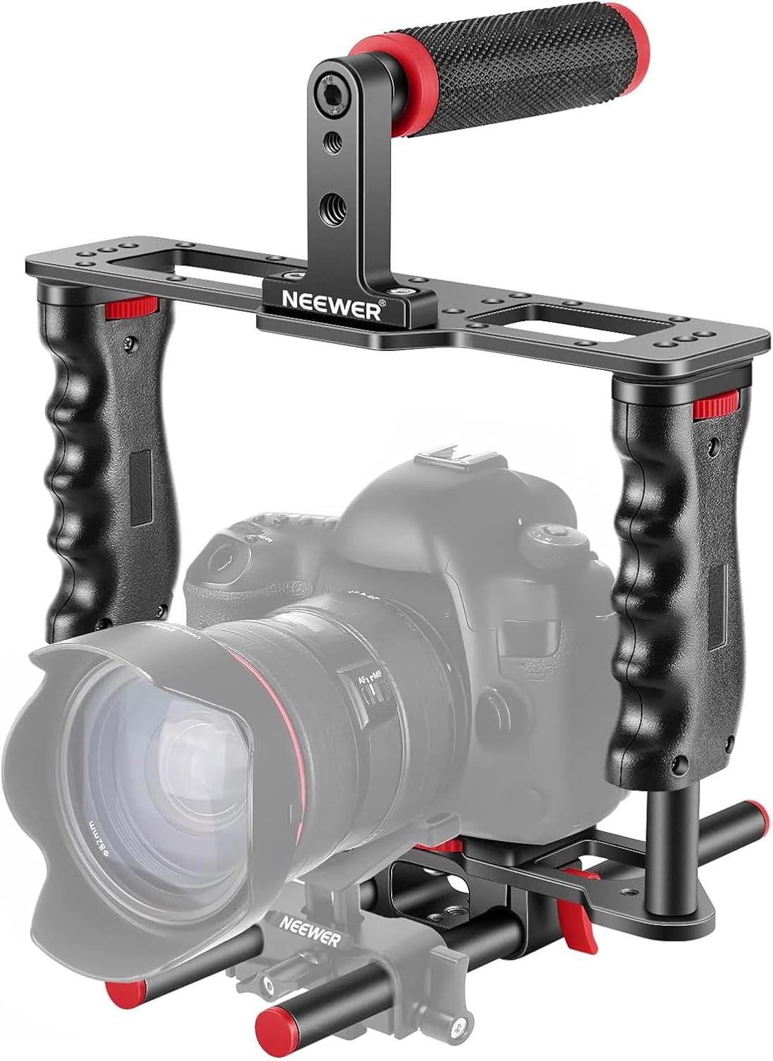 Kit de jaula de video de aleación de aluminio Neewer para cámara con asa superior, doble asa y dos rieles de 15 mm, compatible con Canon, Sony, Nikon DSLR (Negro y Rojo)