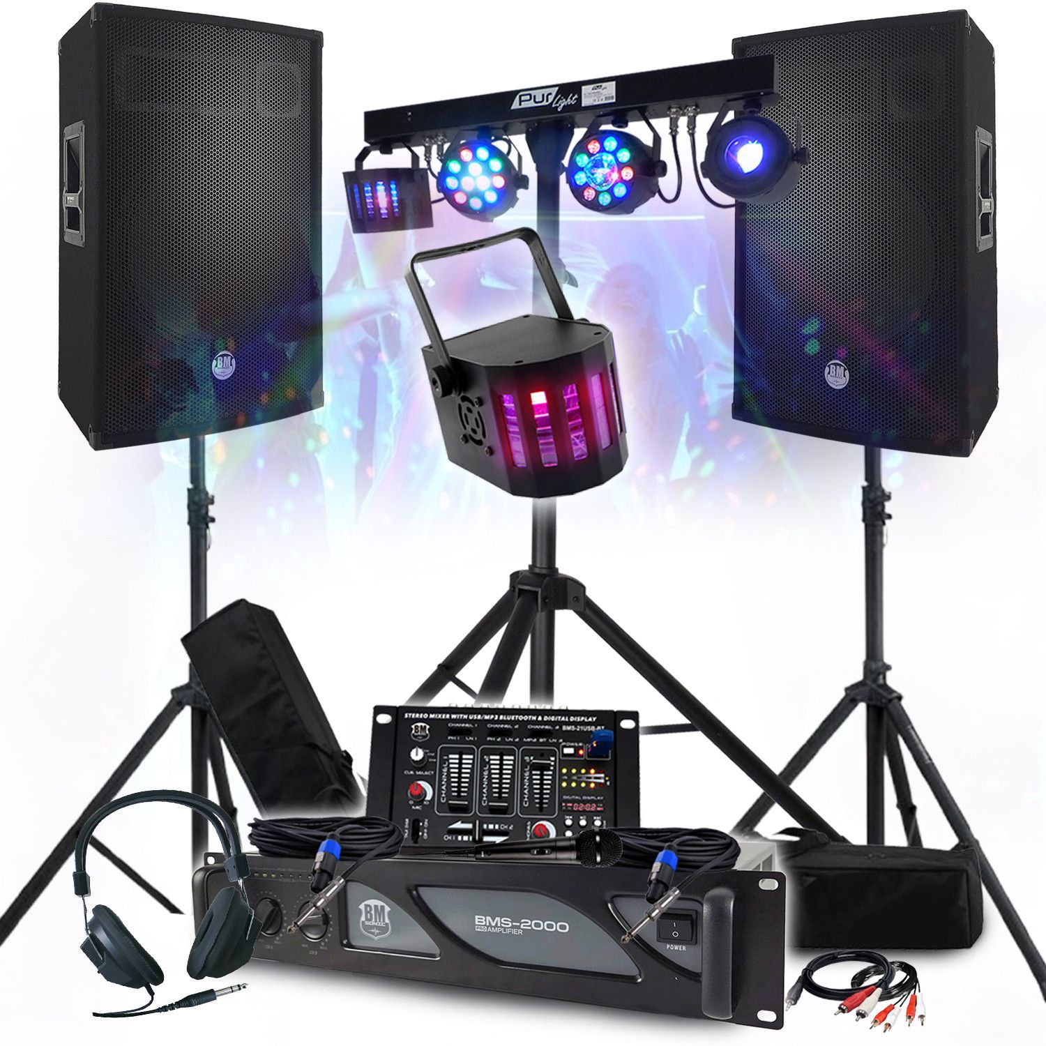 Kit Amplificador BM Sonic 3400W con Altavoces, Mesa de Mezcla y Efectos de Luz