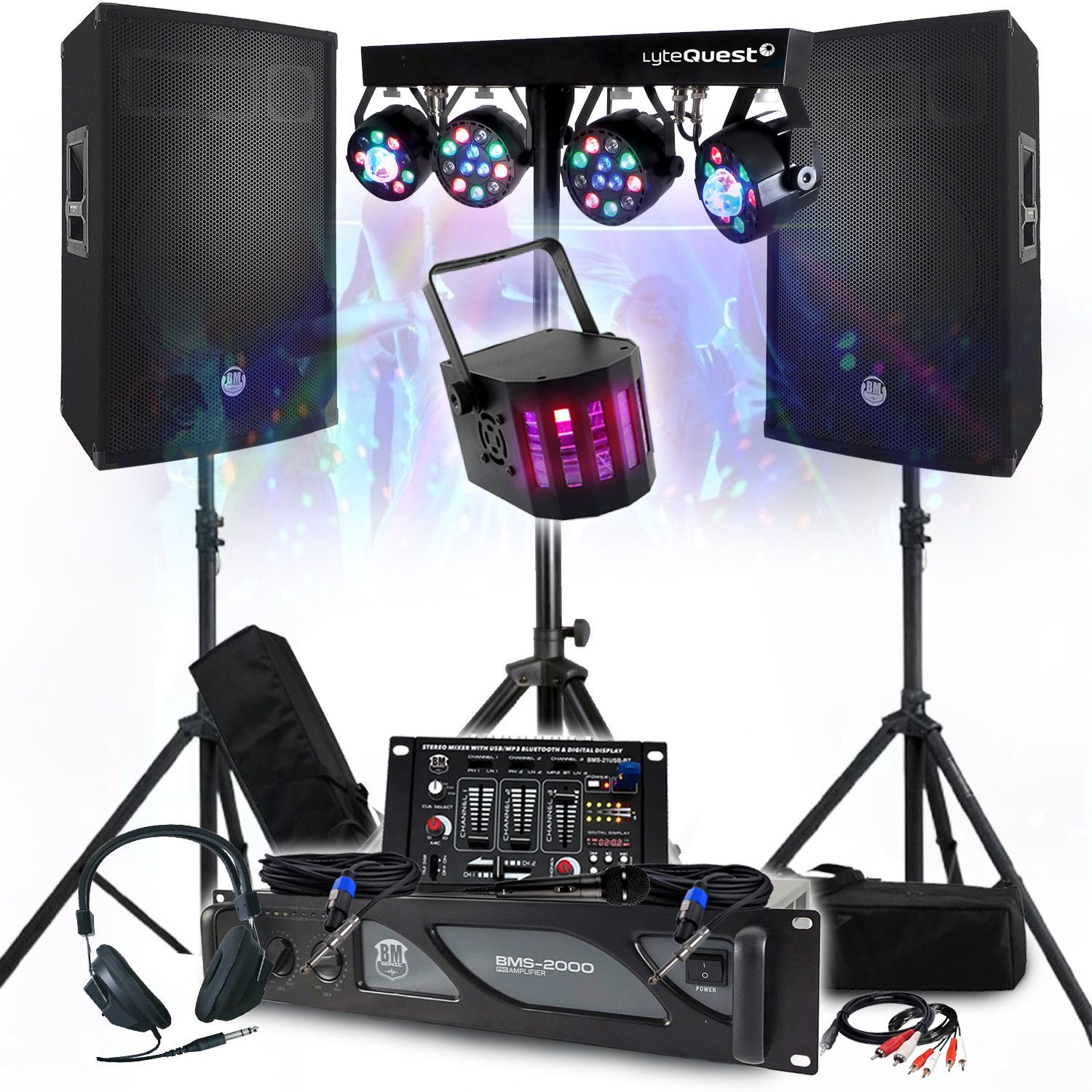 Kit Sonoro BM SONIC: Amplificador Profesional 2000W, Altavoces Pasivos 2x700W, Mesa de Mezcla, Portada 8 Luces Xperformer LED
