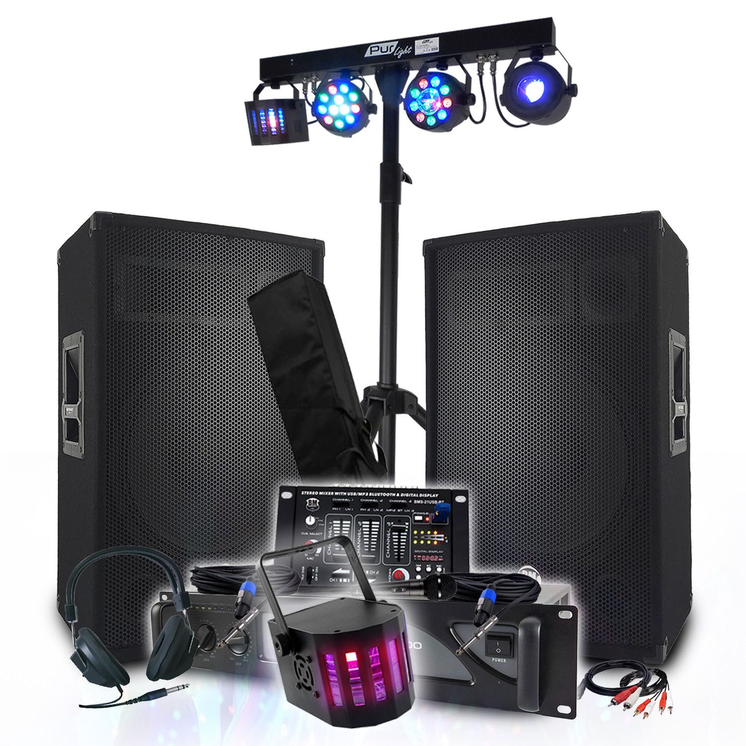 Kit Sonoro BM SONIC: Amplificador de 2000W, Altavoces Pasivos 2x700W, Mesa de Mezcla, Portal de Efectos Euphoria + 48 Efectos Luz LED