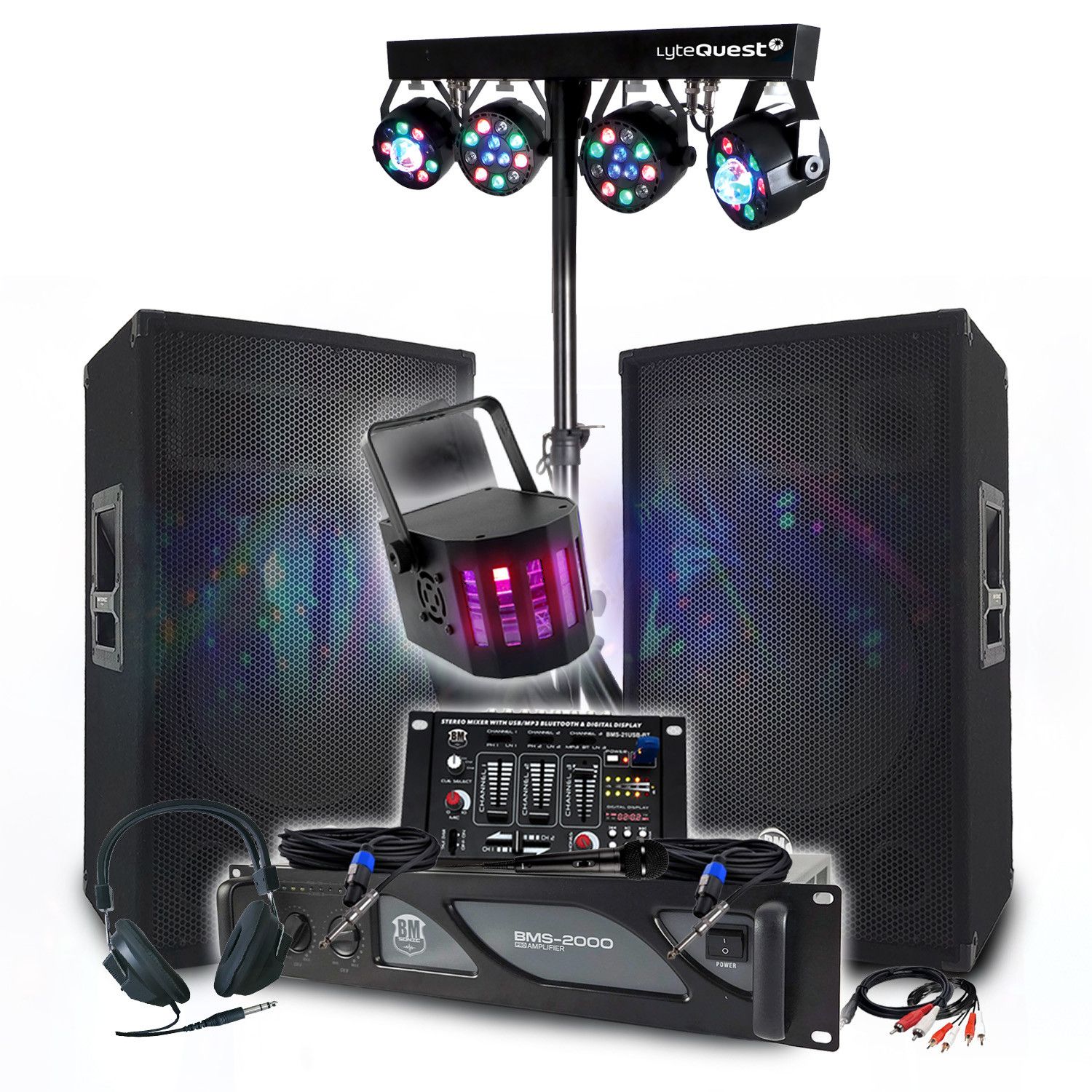 Kit Sonoro BM SONIC: Amplificador Profesional 2000W, Altavoces Pasivos, Mesa de Mezcla, Portaluces LED Xperformer